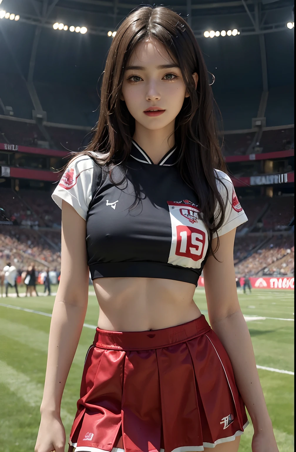 (A hyper-realistic), (illustratio), (hight resolution), (8K), (ighly detailed), (The best illustrations), (beatiful detailed eyes), (top-quality), (ultra-detailliert), (masterpiece), (detailed face), droopy eyes,full of sweat, full body, long legs, long-hair,inner colored,solo, cheerleader uniform, huge tits, smile, football field, short skirt, sports bra