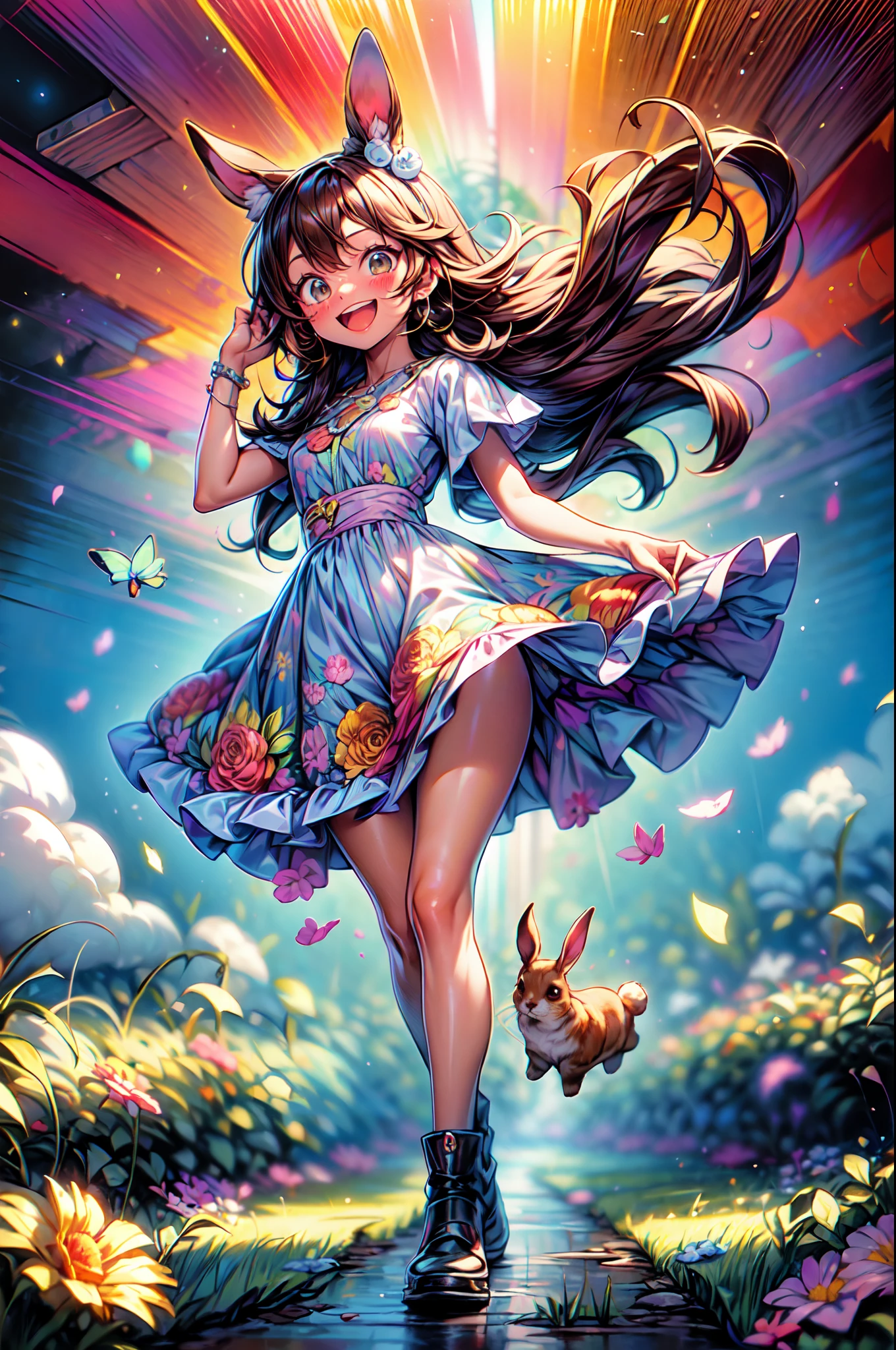 La mejor calidad, hermoso brillo detallado, ambient-occlusion, Luz ambiental, Reflejos trazados por rayos, Aura brillante, plano amplio, una feliz, A smiling 18-year-old brown-skinned girl running alongside a white rabbit across the prairie on a sunny day with the wind blowing, Short two-part dress with warm colored floral motifs and colorful flying flowers found throughout the meadow, muy colorido.