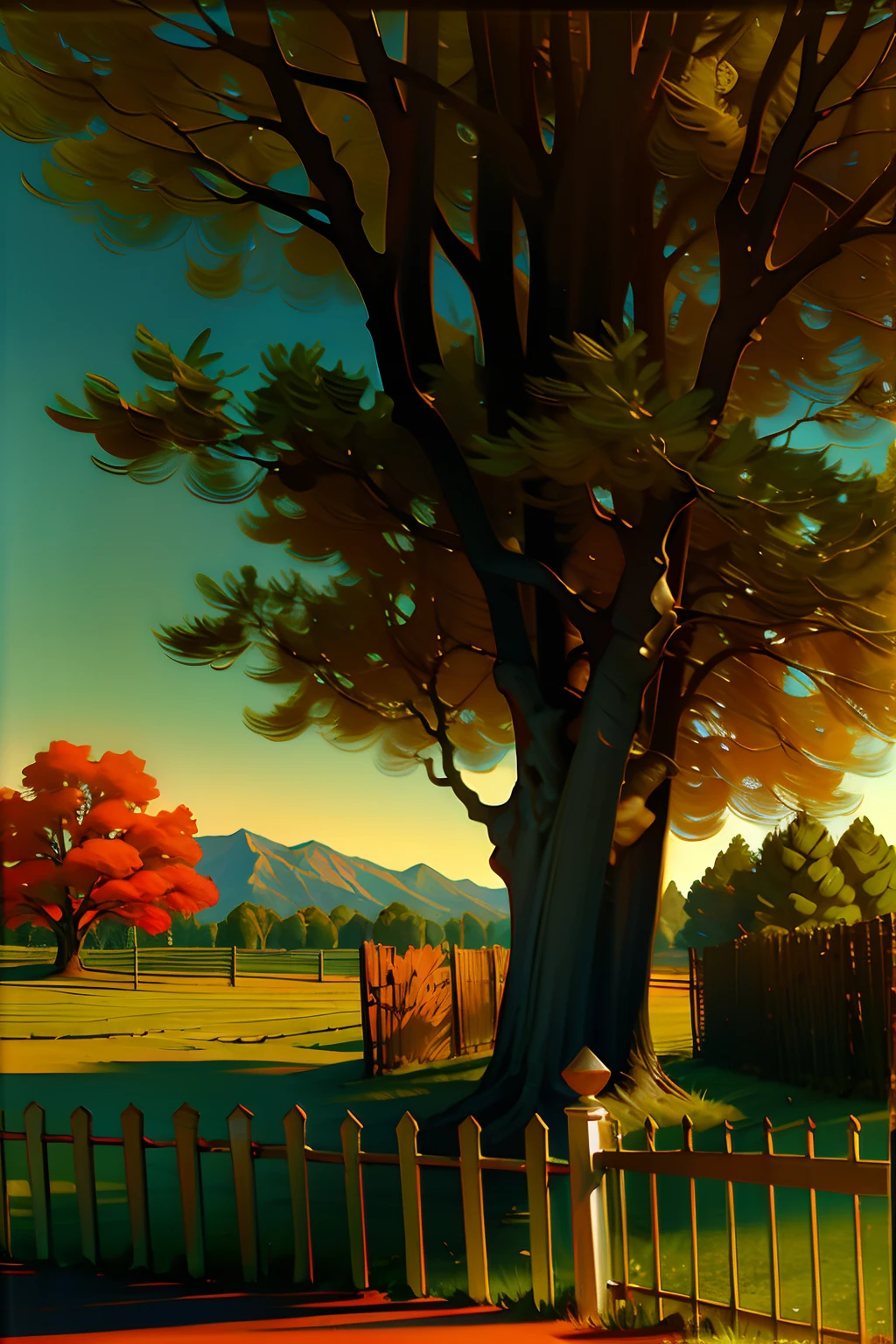 A painting of an autumn landscape, green trees and autumn trees, a fence with a gate that is closed, afternoon light.