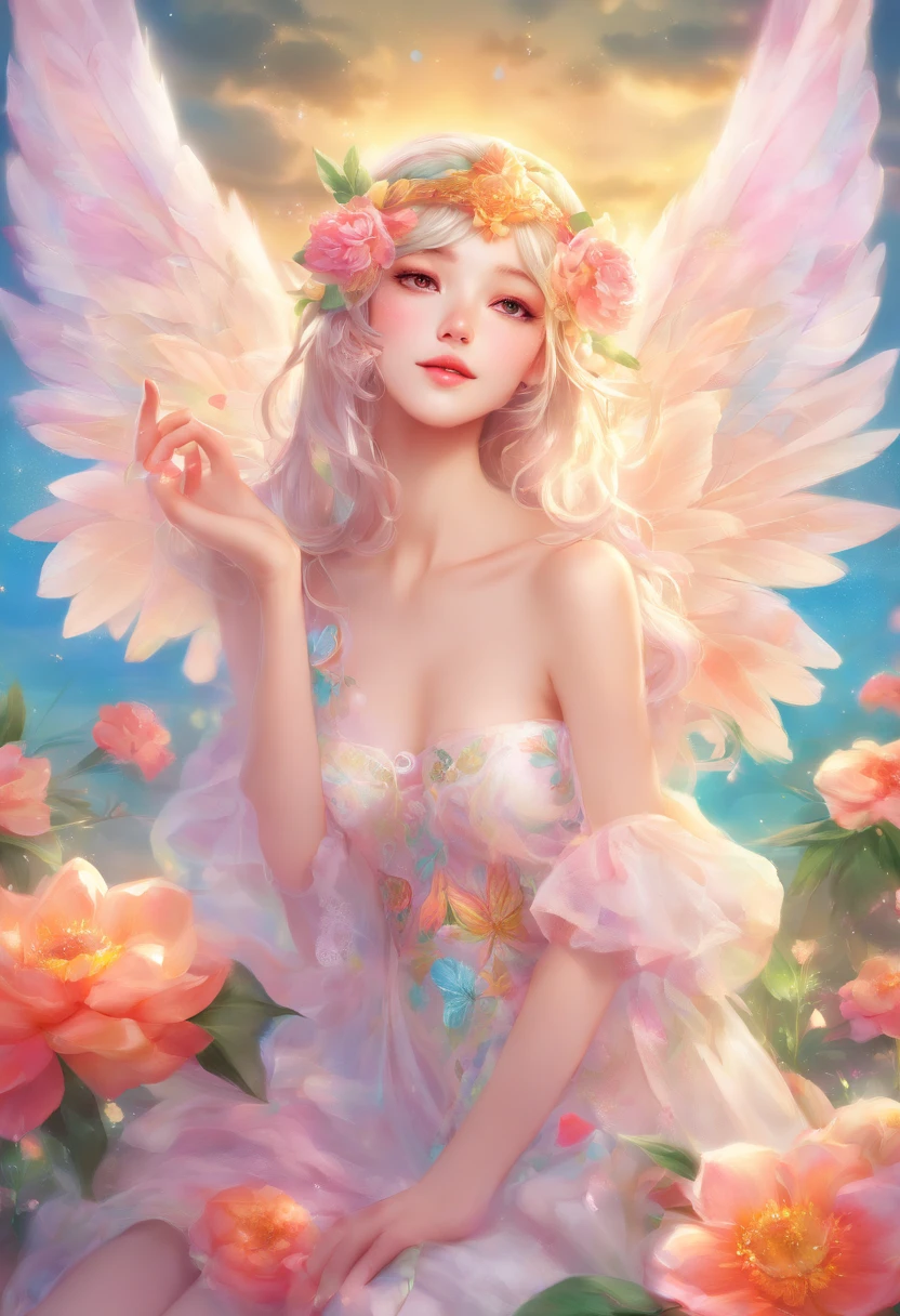 photo of a graceful female angel clothed in glittering, perfect wings, symmetrical wings, colorful fine linen, elegant, surrounded by radiant flowers and bright clouds, smoke, misty, shimmering auras, bright morning in the background, morning lighting, long hair, almost white blonde hair, glowing skin, in the distant sky we can see stars that shine brightly, (nsfw:1.2), full body
nude