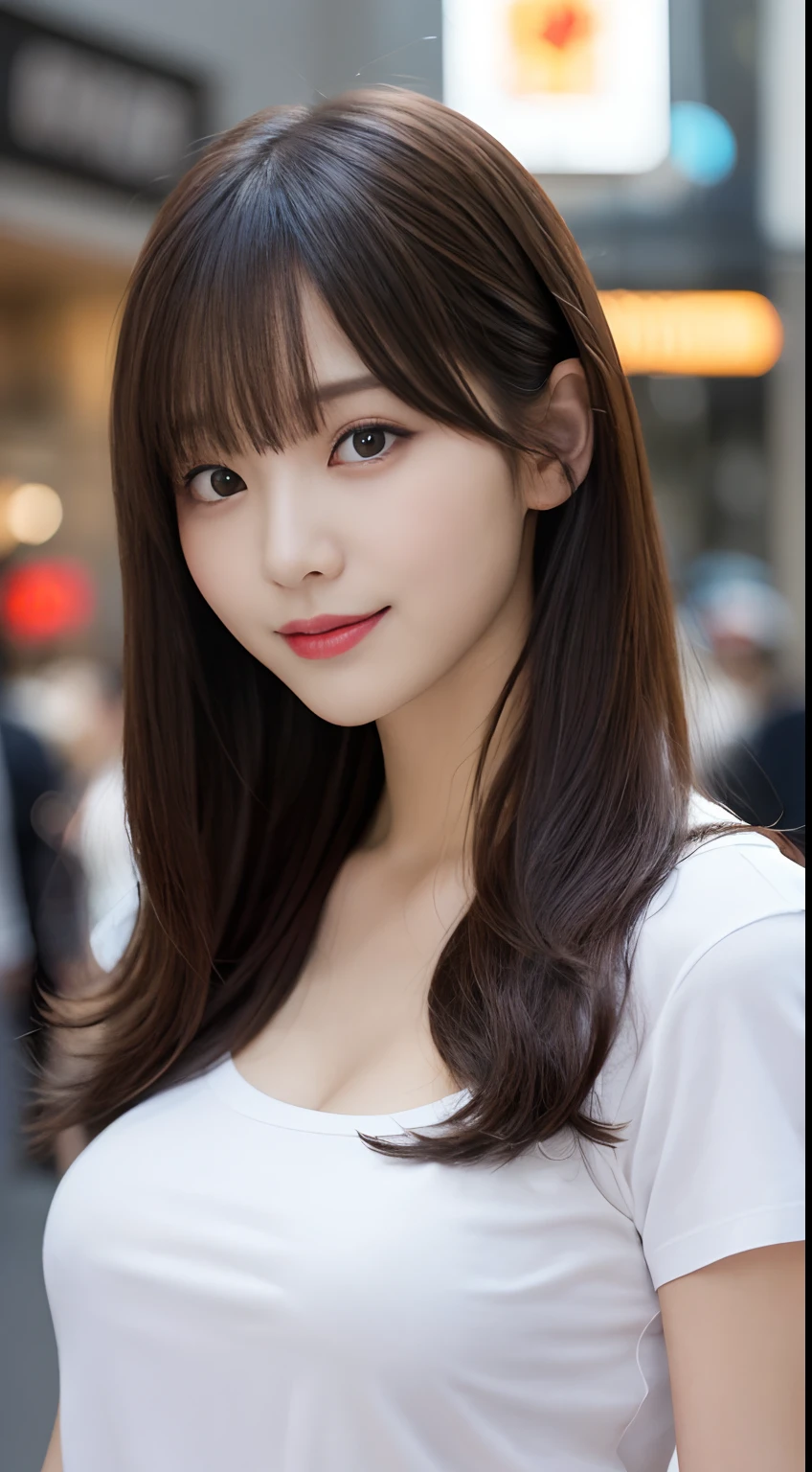 masutepiece, Best Quality, Illustration, Ultra-detailed, finedetail, hight resolution, 8K Wallpaper, Perfect dynamic composition, Beautiful detailed eyes,Full-body photography,showing your whole body,white t-shirts、Long grey hair,Colossal tits, Chest emphasis、Bold sexy poses,Smile,Harajuku、20 years girl、Colossal tits、Look at the sexy shots of the lens