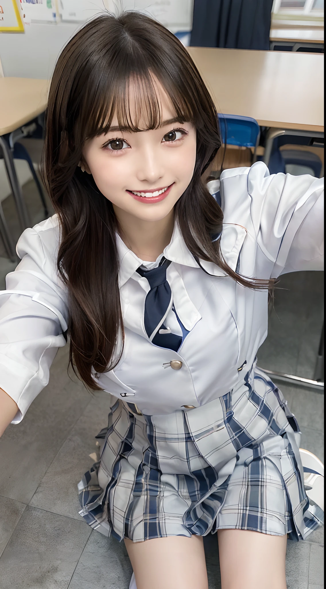 ((Angle from your feet:1.2)),(Angle viewed diagonally from below:1.2),Very cute woman,18year old,((School Uniforms:1.3)),A dark-haired,,Classroom,(masuter piece, Best Quality,Ultra-detailed:1.2),((A smile:1.4)),low angles
