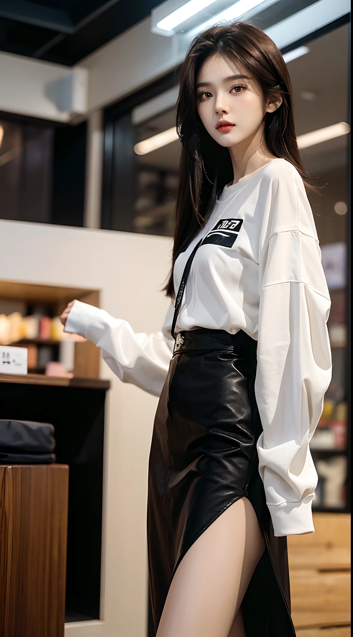 masterpiece、top-quality)、1 beutiful girl、Slim body、((Black and white plain clothes:1.1))、(Detailed beautiful eyes)、Walk around the store、((Boyish Brown Medium Hair))、((Smaller face))、((Neutral face))、((Face seen from the side))、((Light brown eyes))、((Korean Girl))、((18year old))、((cool lady))、((Wild look))、((Korean Makeup))、((elongated and sharp eyes))、((Happy dating))、((looking distantly))、((boyish))、((Shot from the same height as your face))、((Shorter than viewer))、((She is walking in front of the viewer))、((Engage your audience))