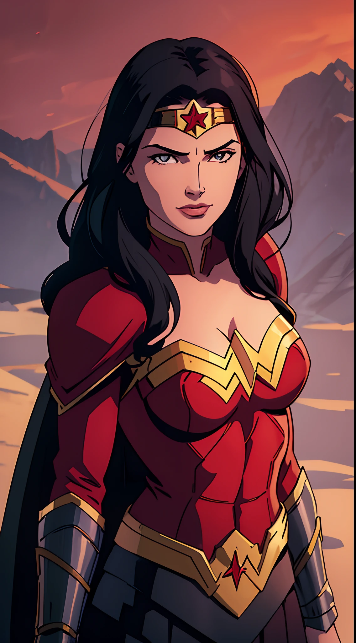 1 woman, solo, Diana Prince (Wonder Woman), mommy, strong, breast, upper body shot, ((black and red colors armor)), skycrapers, ((masterpiece)), female focus, long hair, black hair, flowing hair, face focus, soft smile, Lasso hanging on the waist, tiara