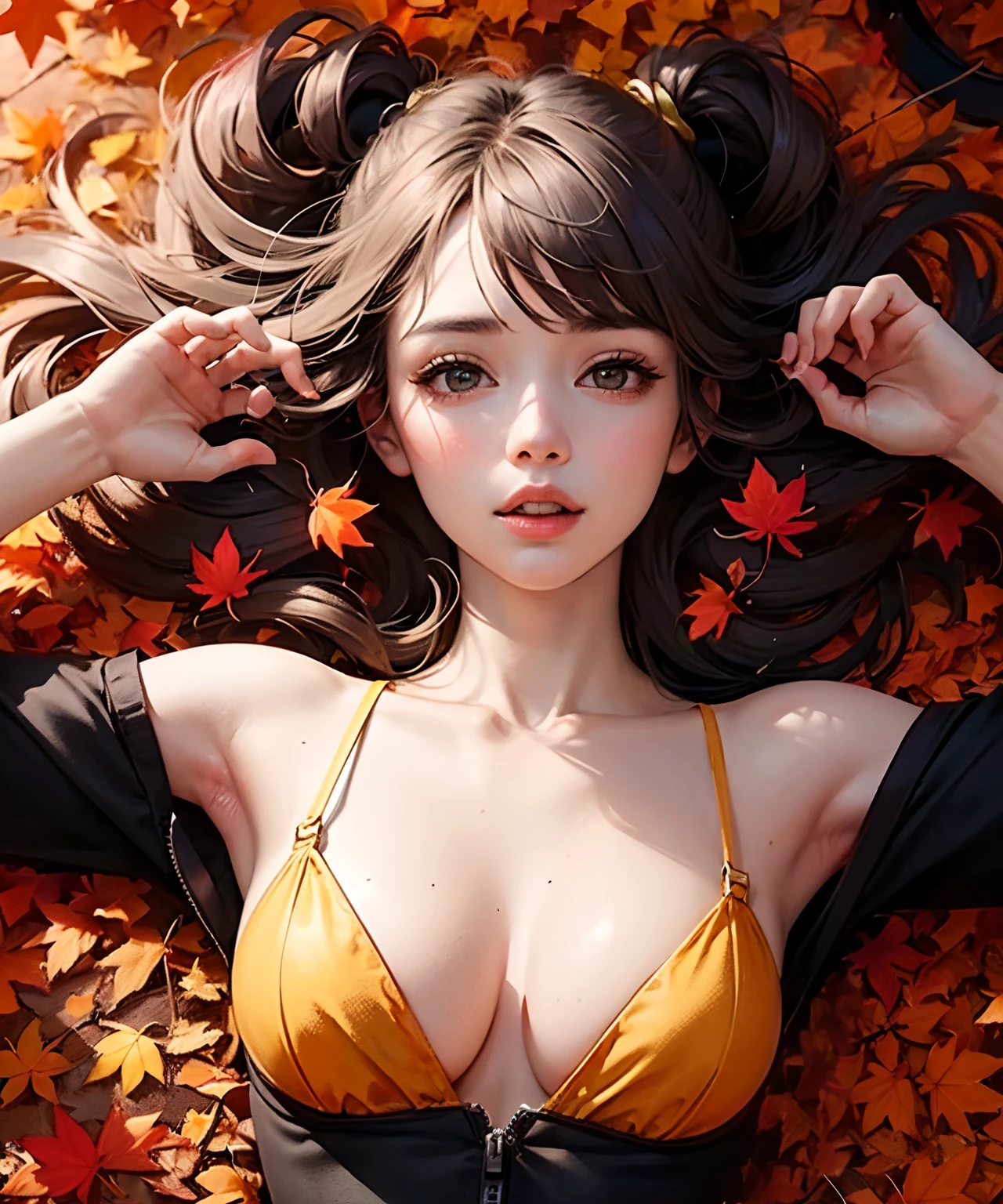 masterpiece, best quality portrait of a female lying on ground, birds eye view, symmetrical, the ground is covered with fallen autumn leaves, maple leaves, vibrant autumn scene, fallen leaves, golden hour, swirling wind, autumn yellow grass, (falling leaves), shades of yellow, orange and red, ultra detailed, 8k,
