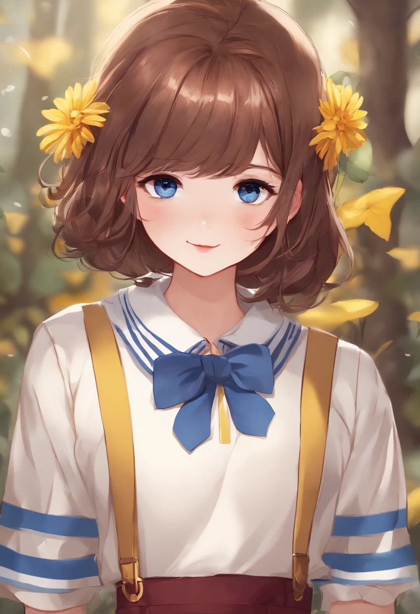 A girl of about 13, brown (slightly red) short hair with fluffy and disheveled bangs, wears a white sweater with a large collar, with one large blue stripe on the chest, two small stripes on the sleeves, burgundy suspenders for the sweater, blue shorts, on her legs burgundy and black sneakers, long socks with blue and yellow stripes, and a yellow flower with two blue ribbons attached to the flower itself, blue eyes
