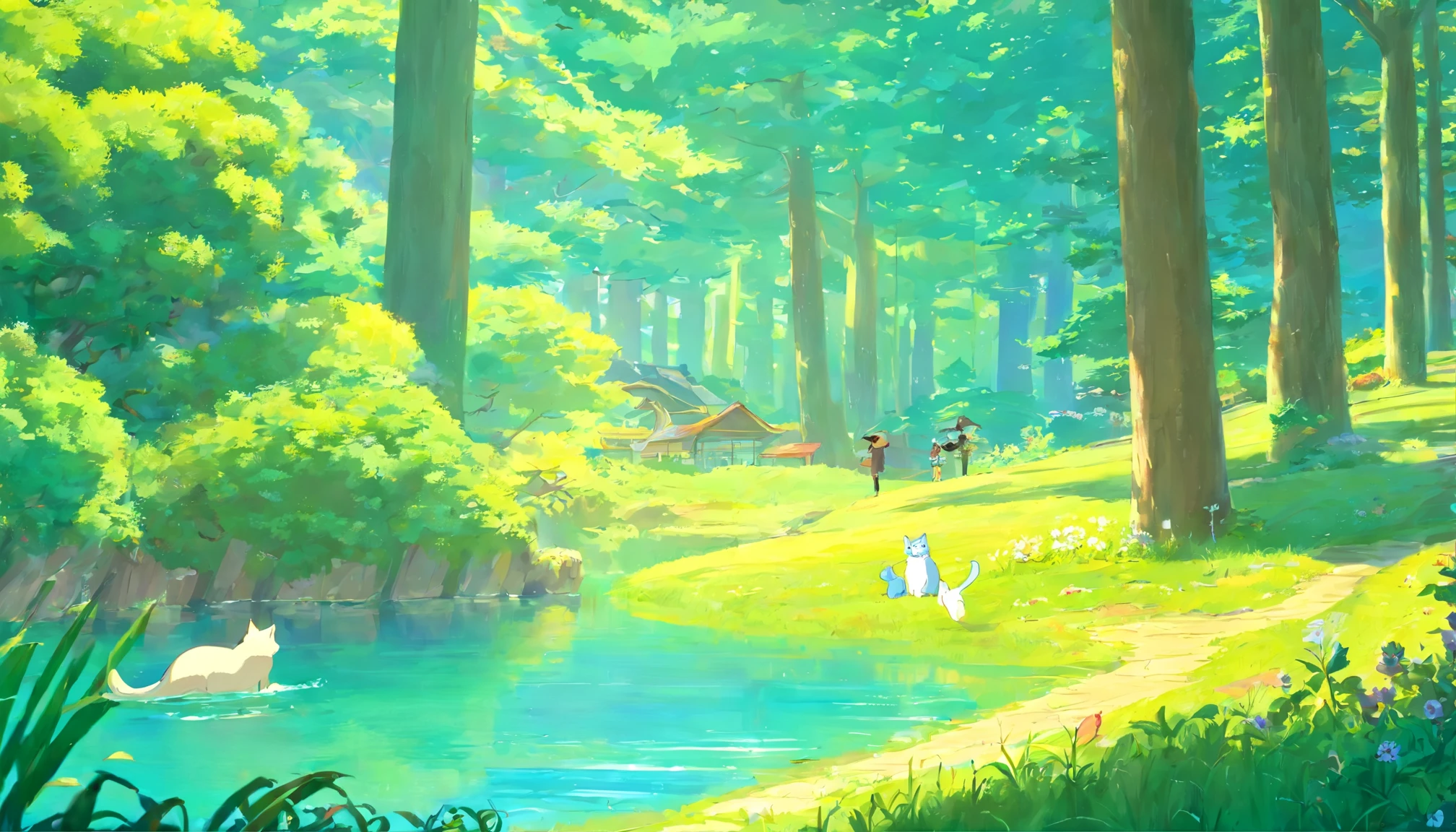 A 13-year-old girl,By the lake in the forest,Kittens are by your side,flower sea,having picnic,There are vegetables,the fruits,pizza,Extreme light and shadow,Aurora chase,Extreme ambient light,The ultimate lake reflection,heal,bright sun,