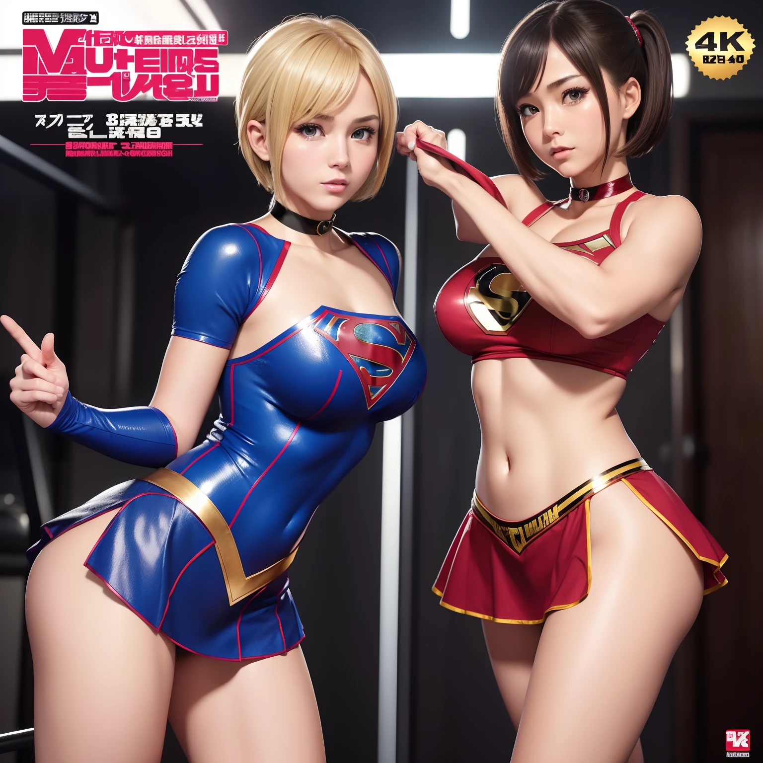 (Best Quality,4K,8K,hight resolution,masutepiece:1.2),Ultra-detailed,Realistic:1.37,Super masterpiece,Short-haired Supergirl、Gymnasium、bare-legged、Looking at the camera、large full breasts、Too short miniskirt、highleg、Wrestlers、Magazine covers、Glossy costume、a choker