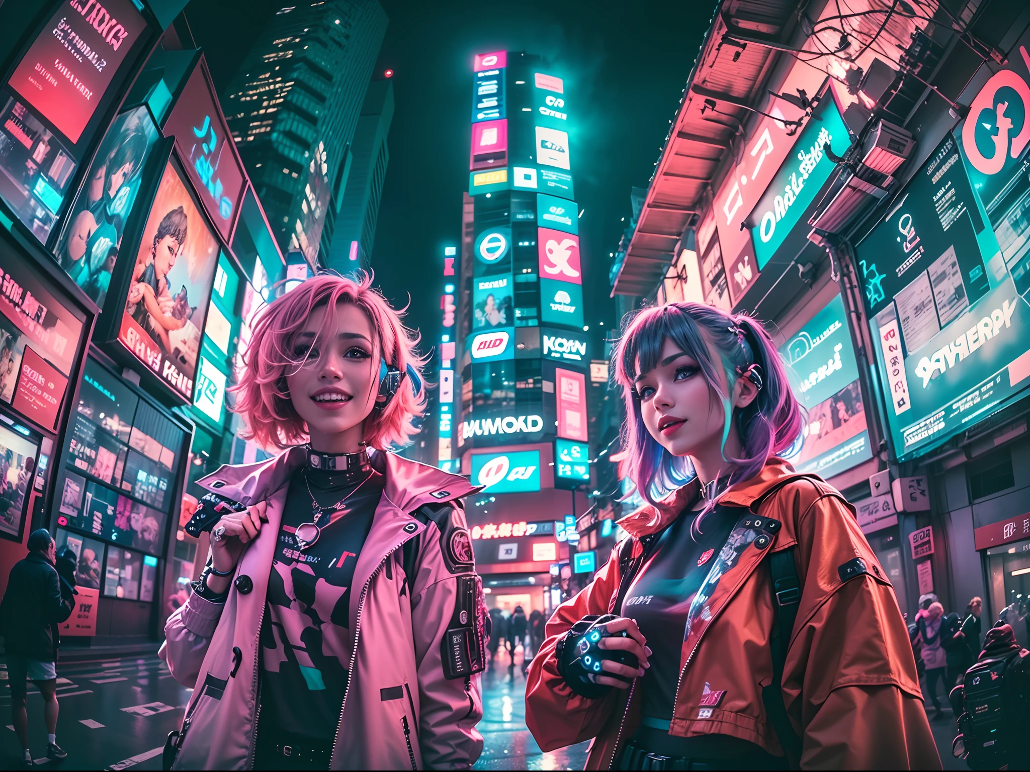 ((2 cyberpunk girls wearing colorful Harajuku style pop outfit)), ((fisheye lens)), cowboy shot, wind, messy hair, cyberpunk cityscape, (aesthetics and atmosphere:1.2), smiling, ((cinematic lighting))