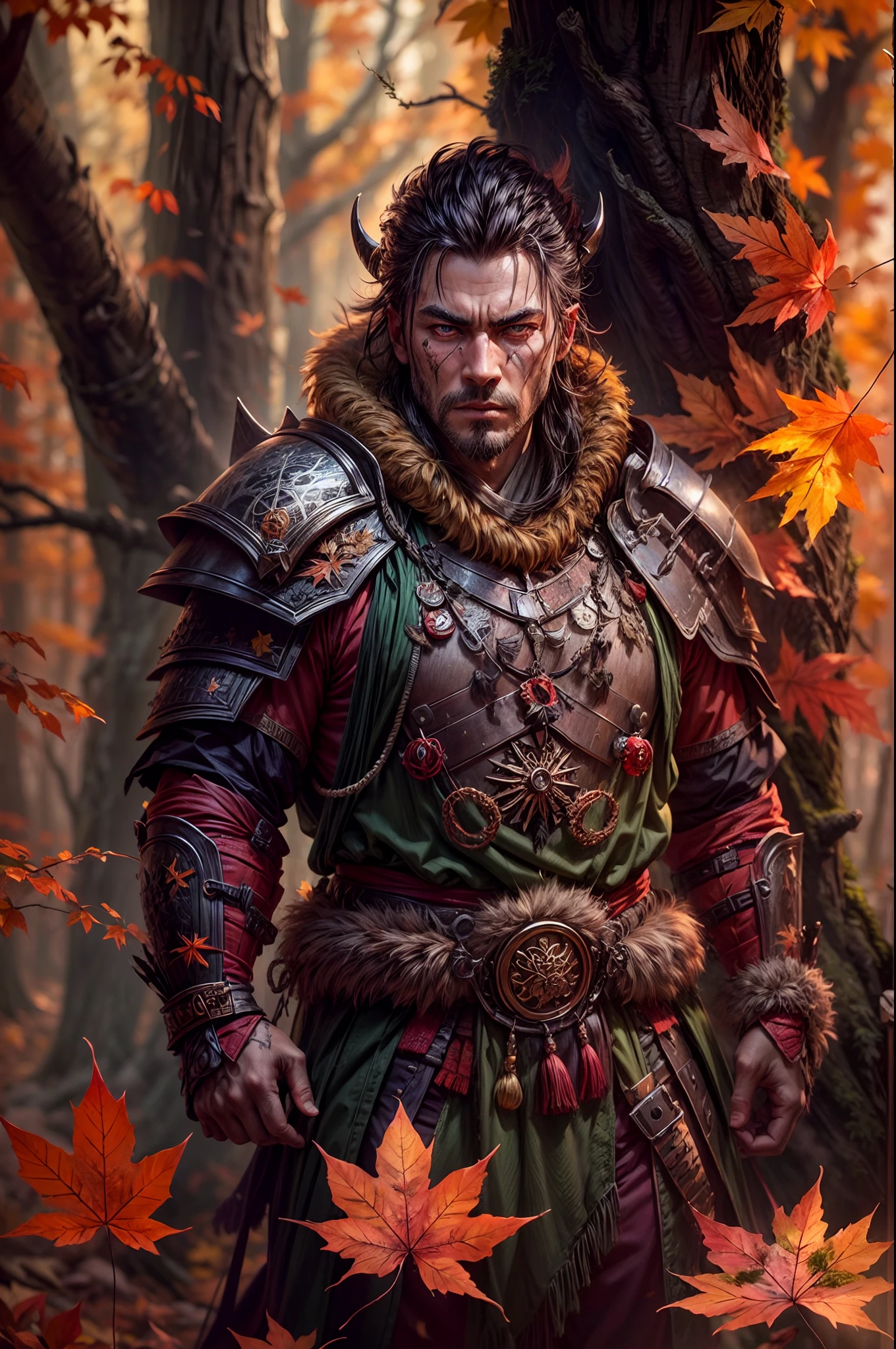 autumn forest scene with a man in samurai armor with fur around the neck and waist, wearing devil helmet, dusty detail ornaments, battle weary, man warrior, armor, epic, face scar, dnd character portrait, intricate, 8k resolution, dynamic lighting, hyperdetailed, unreal 5, volumetric lighting, alphonse mucha, pre-raphaelite, detailed background, mandala, detailed face, detailed eyes, neon eyes, autumn forest with flying leaf in the background