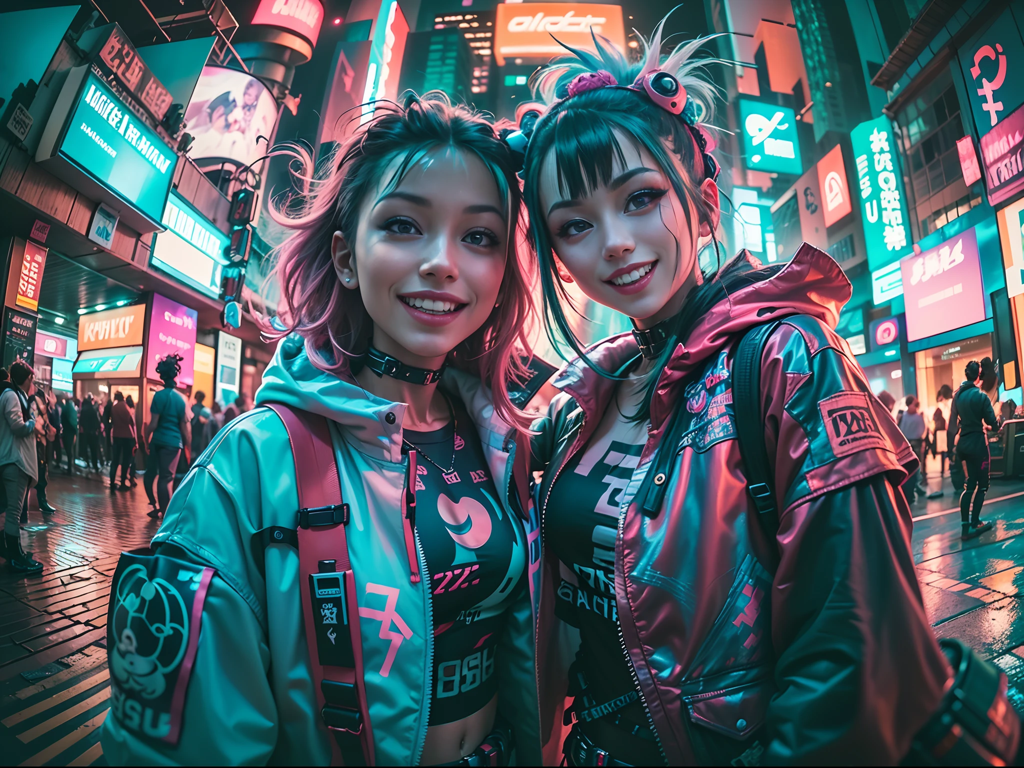 ((2 cyberpunk girls wearing colorful Harajuku style pop outfit)), ((fisheye lens)), cowboy shot, wind, messy hair, cyberpunk cityscape, (aesthetics and atmosphere:1.2), smiling, ((cinematic lighting))