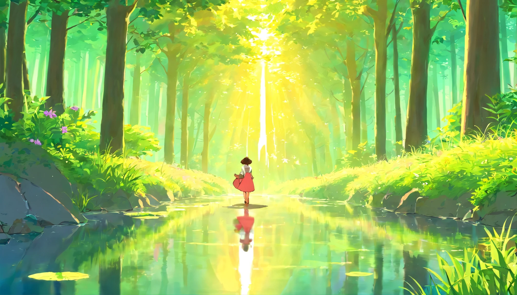 A -yeld giBy the lake in the forest,Kittens by your side,flower sea,having picnic,There are vegetables,the fruits,pizza,Extreme light and shadow,Extreme light chasing,Extreme ambient light,Ultimate lake reflection,heal,bright sun,