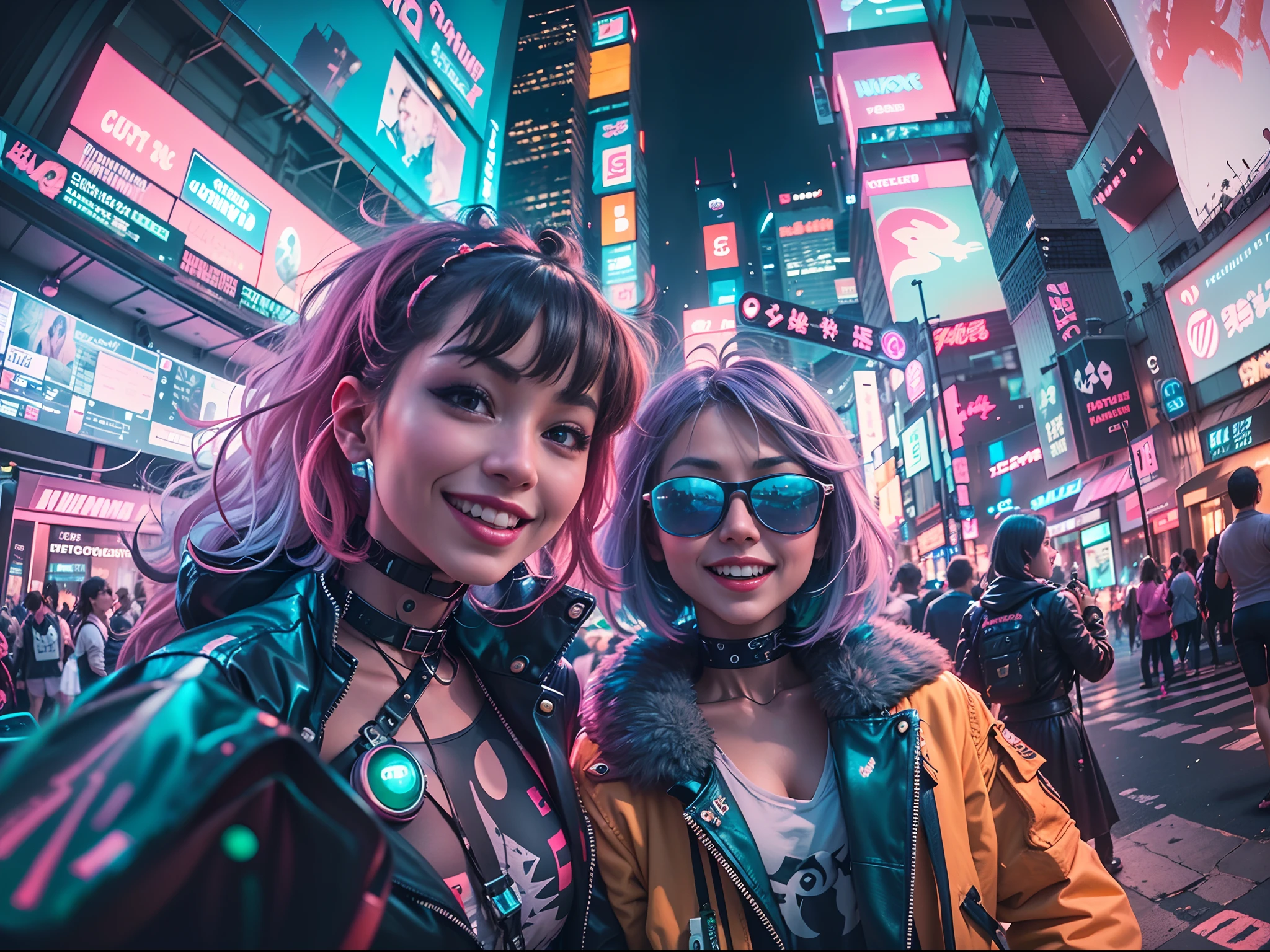 ((2 cyberpunk girls wearing colorful Harajuku style pop outfit)), ((fisheye lens)), cowboy shot, wind, messy hair, cyberpunk cityscape, (aesthetics and atmosphere:1.2), smiling, ((cinematic lighting))