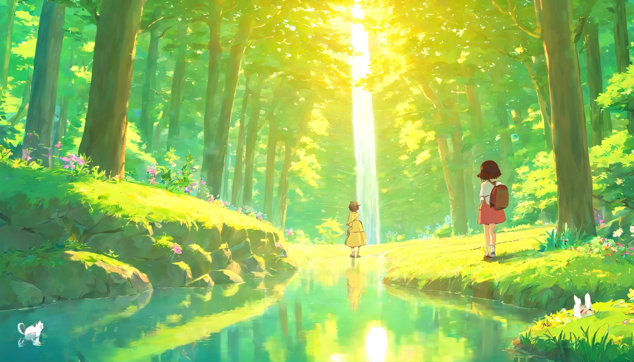 A 13-year-old girl,By the lake in the forest,Kittens by your side,flower sea,having picnic,There are vegetables,the fruits,pizza,Extreme light and shadow,Extreme light chasing,Extreme ambient light,Ultimate lake reflection,heal,bright sun,
