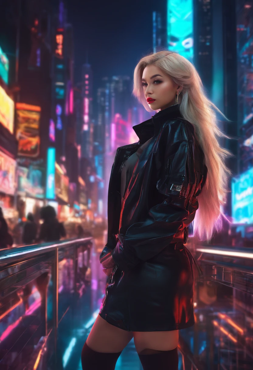 girl，long whitr hair，Wear a white shirt，Black coat，black lence stockings，a black skirt，Masterpiece，8K，black color hair