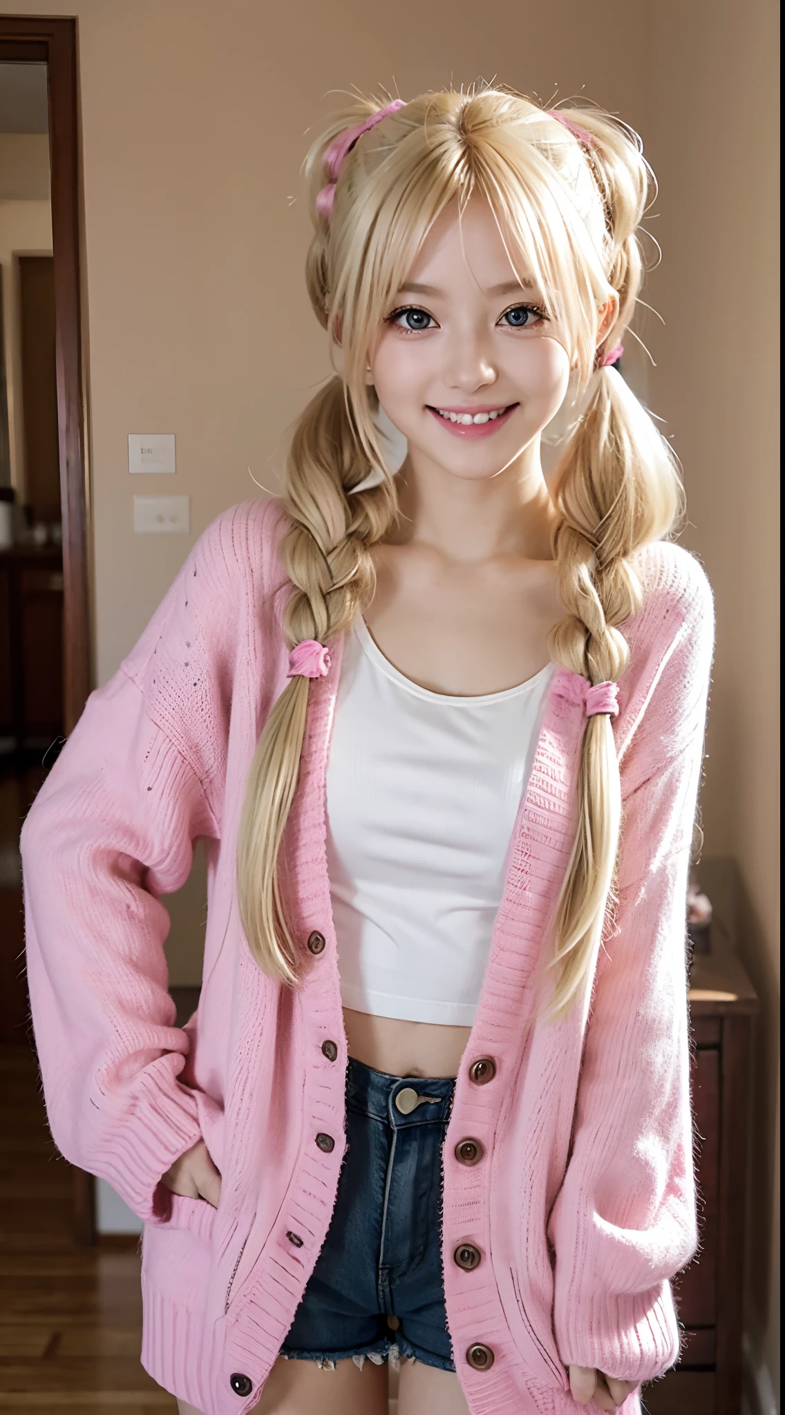 10ma_s, 1girl, solo, [blonde hair|pink hair], pink eyes, long hair, twintails, looking at viewer, smile, blushing, blonde hair that fades to pink, cardigan, hands on hips, grin