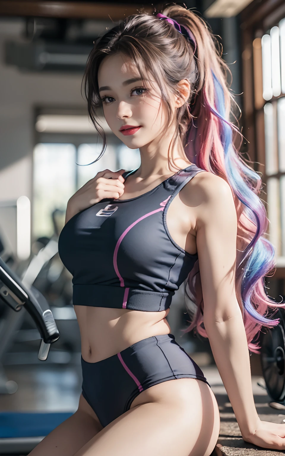 ((huge-breasted)), ((,)), ((Very small head)), Daylight, Sunlight, Bright light, (Perfect body : 1.1), (fullllbody), (short wavy hair:1.2, dark brown hair, Pink and blue mesh hair, Thin mesh), Full body shot, ((Tight workout wear), (Sweat), (Very detailed CG 8k wallpaper), (extremely delicate and beautiful), (masutepiece), (Best Quality:1.0), (超A high resolution:1.0), (realisitic), beautiful lightning ,Perfect Lightning, Realistic Shadows, [hight resolution], Detailed skin, Ultra-detailed, Slim body), (Beautiful hair, Wavy Hair, Real Hair, detailed hairs, High Ponytail), Fine Collarbone, Beautiful breasts, blush, Photorealistic, Realistic face, Beautiful face, Cute face, Realistic eyes, Small eyes, Cute smile, (((Colorful))), (eye liner), (mascara), (eye shadow), (At the gym), Looking back, bighip, (child-faced)