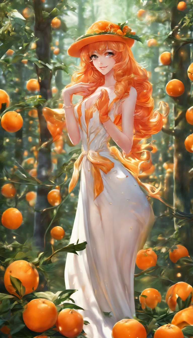orange orchard, A large orange in a coniferous forest, glare, radiance, Fantasy, fairycore, High Resolution, image, nami from one piece, bar, (sexypose), (wet clothing), bokeh, Conceptual art, cinematic lighting, depth of field, retina, textured skin, highres, high quality