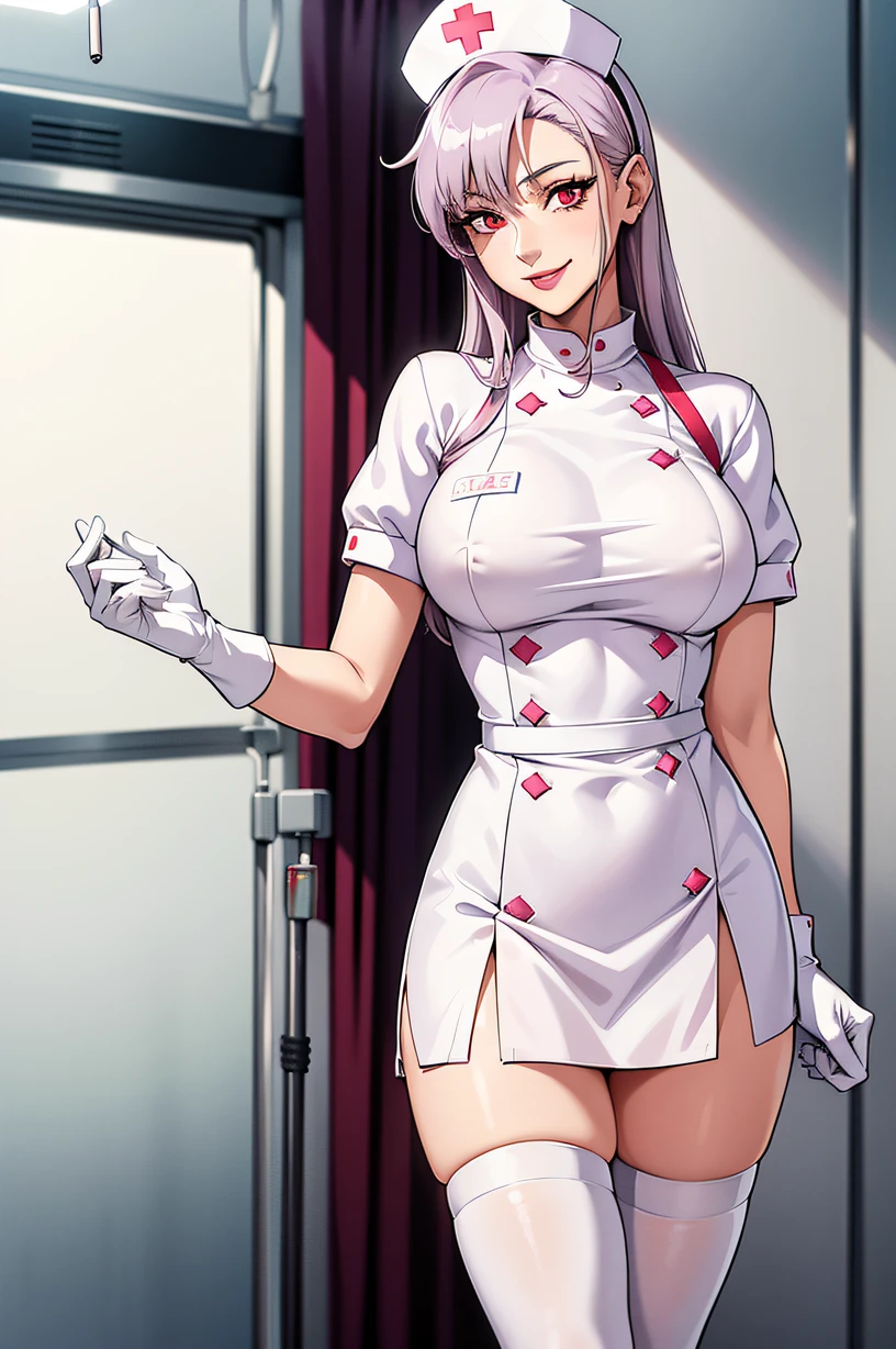 1woman, solo, nurse, nurse cap, white wear, ((white legwear, zettai ryouiki)), white gloves, long hair, purple hair, red eyes, pink lips, smile, standing, ((hospital room)), sharp outline, short sleeves, mature female, 35 years old, best quality, masterpiece