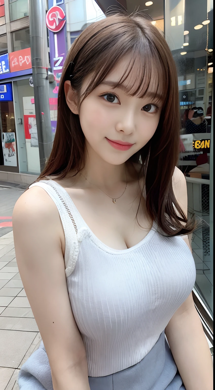 masutepiece, Best Quality, Illustration, Ultra-detailed, finedetail, hight resolution, 8K Wallpaper, Perfect dynamic composition, Beautiful detailed eyes,Full-body photography,showing your whole body、White tank top、a miniskirt,Thin and transparent、Long grey hair,large breasts:1.5, Bold sexy poses,Smile,Harajuku, 18 years girl、Colossal tits:1.5、Look at the sexy shots of the lens, Slim Body,