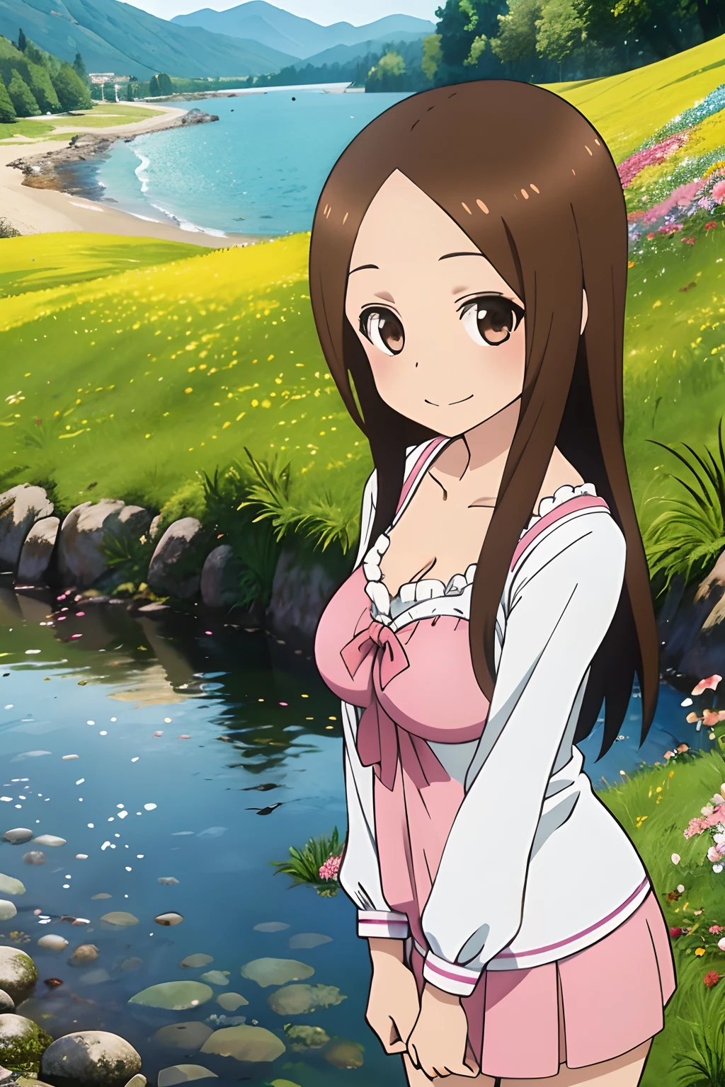 (Realistic),(Photorealistic),Takagi_San, 1girl in, Height 155 cm,Long hair, Brown hair, Part bangs, Brown eyes,（（German national costume））,（（white frills））,（pink clothing）,large full breasts,cleavage of the breast,Forehead,Smile, Looking at Viewer,masutepiece,Big ass,Full body, Best Quality, (Colorful),volumatic light, Ray tracing,the Extremely Detailed CG Unity 8K Wallpapers,Smile,((flying petal)),(Flowery meadow), Sunny,Sunshine, light, Fantasy, Windy, magic sparks, Trees, lake, mountainscape, ((Flowers)),weeds