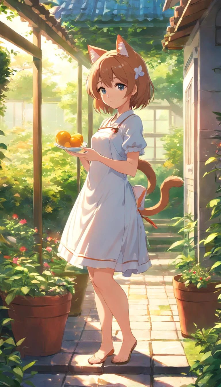 Anime cat ear girl standing in garden in white dress, Make breakfast in the kitchen,Loli no vestido, small curvaceous loli, Arte em estilo Guviz, Guweiz em Pixiv ArtStation, Guweiz em ArtStation Pixiv, Guviz, menina pequena loli, Soft anime illustration, Visuais de anime de garotas fofas, arte de anime digital detalhada、Cozinhar na cozinha,