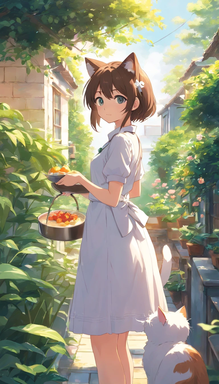 Anime cat ear girl standing in garden in white dress, Make breakfast in the kitchen, no vestido, small curvaceous lolite em estilo Guviz, Guweiz em Pixiv ArtStation, Guweiz em ArtStation Pixiv, Guviz, menina p loli, Soft anillustration, Visuais de anime de garotas fofas, arte de anime digital detalhada、Cozinhar na cozinha,