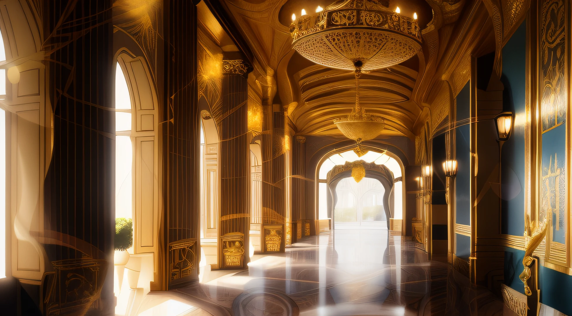 walking down the corridor, Show the magnificent exterior with its glistening marble and golden accents, and then transition to the lush courtyard with exotic plants and fountains. Finally, focus on the dimly lit corridor within the palace, where intricately designed walls, columns, and soft, golden light create an aura of intrigue and history. Use light and shadow to convey the palace's unique atmosphere
