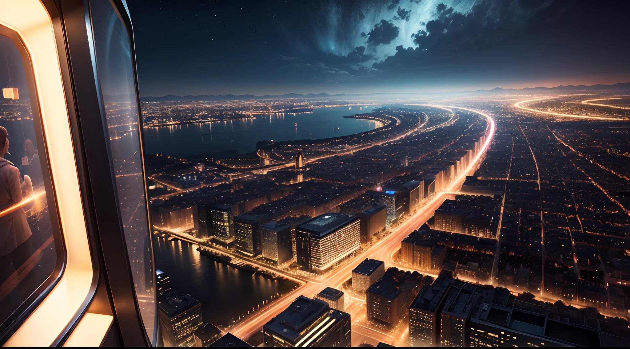 Beautiful landscape,CG drawing,Beautiful composition,the night,From the sightseeing elevator, you can see the modern metropolis that is lit up at night outside