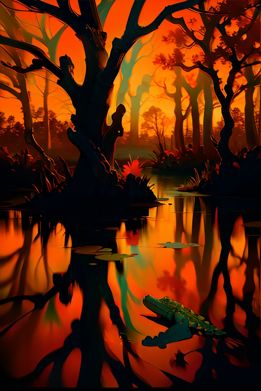 A painting of an alligator in a swamp, autumn, dark afternoon light.