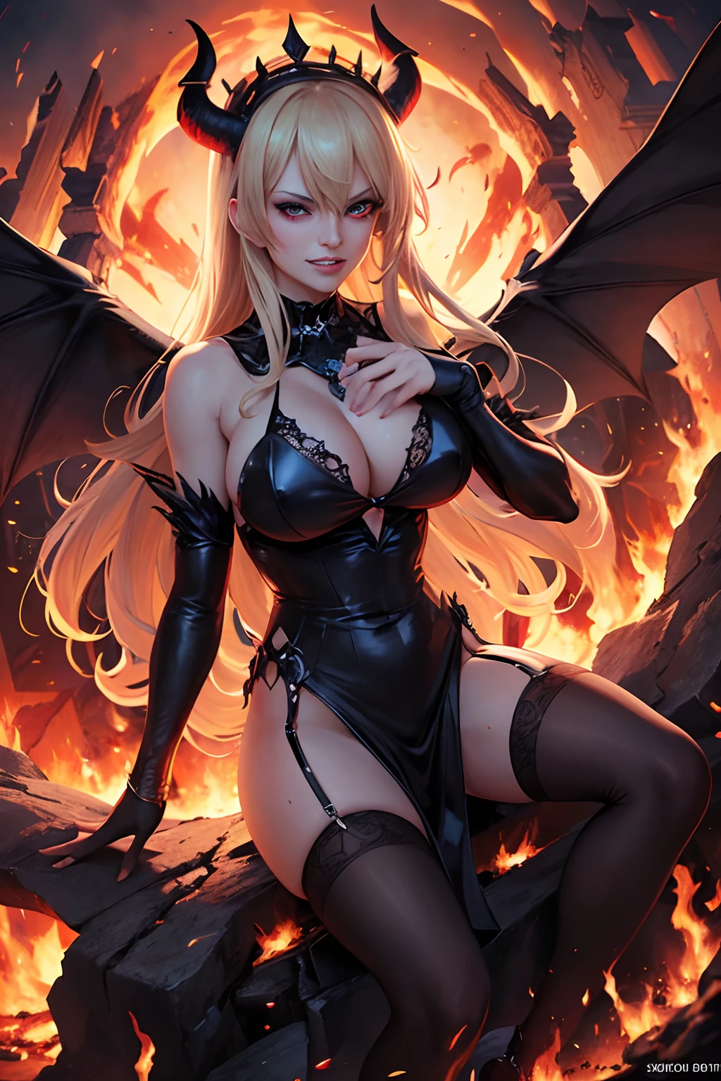 Ultra-detailed Stormy Daniels stands atop a pile of burning ruins, Her diabolical and insidious presence radiating from her dark crown and black and red evil queen dress.................................. Her demon wings on her back and demon horn give her an invincible aura as she unleashes a powerful wave of destruction with a single gesture..................................................................