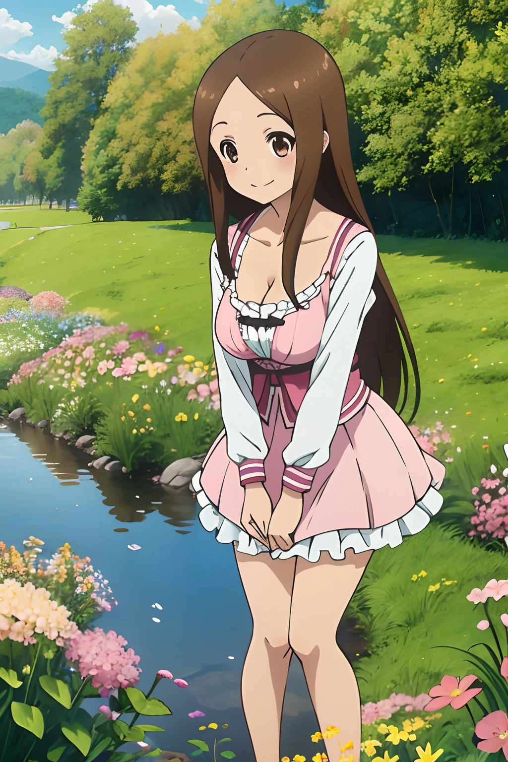 (Realistic),(Photorealistic),Takagi_San, 1girl in, Height 155 cm,Long hair, Brown hair, Part bangs, Brown eyes,（（German national costume））,（（white frills））,（pink clothing）,large full breasts,cleavage of the breast,Forehead,Smile, Looking at Viewer,masutepiece,Big ass,Full body, Best Quality, (Colorful),volumatic light, Ray tracing,the Extremely Detailed CG Unity 8K Wallpapers,Smile,((flying petal)),(Flowery meadow), Sunny,Sunshine, light, Fantasy, Windy, magic sparks, Trees, lake, mountainscape, ((Flowers)),weeds