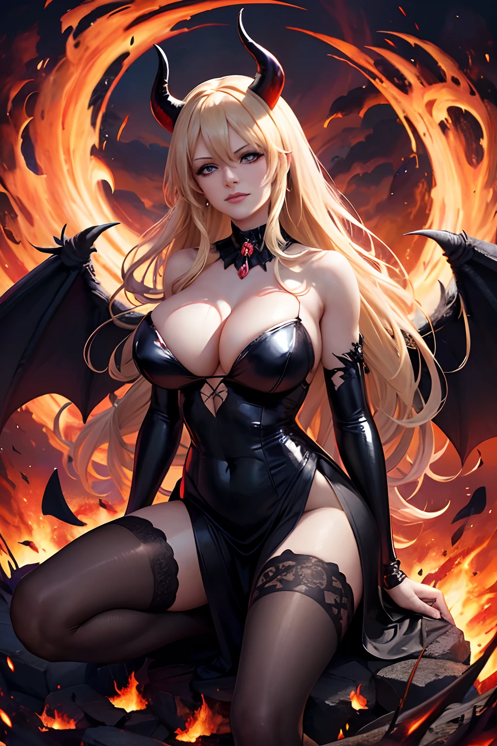 Ultra-detailed Stormy Daniels stands atop a pile of burning ruins, Her diabolical and insidious presence radiating from her dark crown and black and red evil queen dress.................................. Her demon wings on her back and demon horn give her an invincible aura as she unleashes a powerful wave of destruction with a single gesture..................................................................