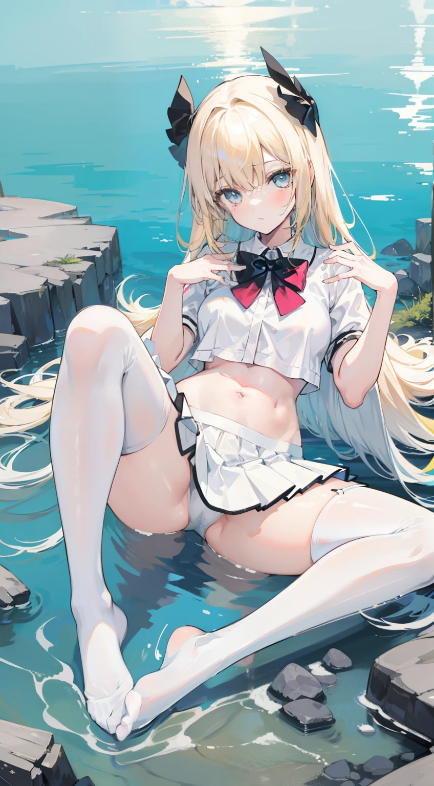 Masterpiece((tmasterpiece)),(White color blouse),((black micro skirt)),(White stockings),adolable,is shy,(Long yellow)Hair,red bowtie,long leges,(Have by the sea),(Facing the sea),Open navel,No shoes on,long leges,Spread your legs,Place your hands on your inner thighs