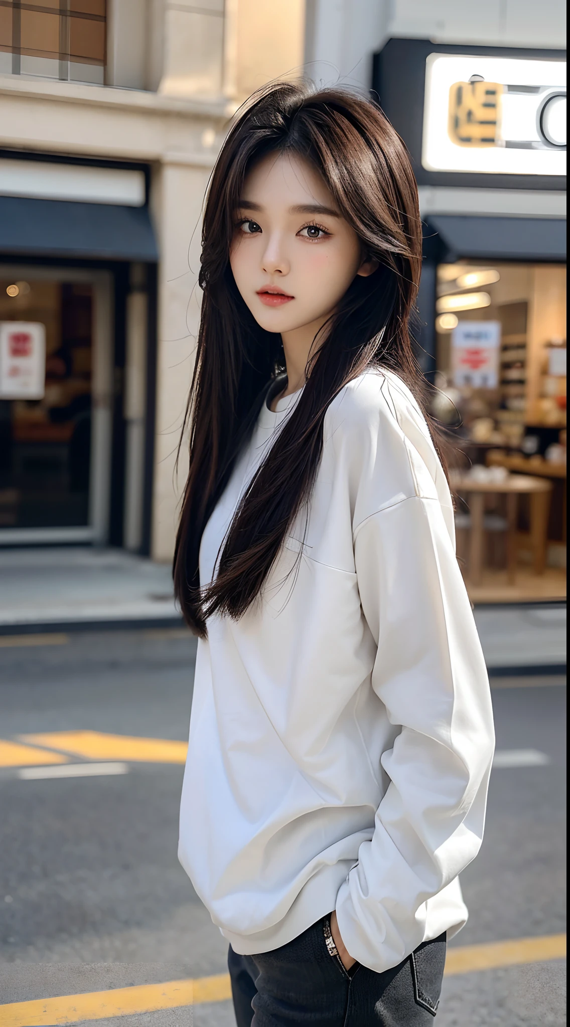 masterpiece、top-quality)、1 beutiful girl、Slim body、((Black and white plain clothes:1.1))、(Detailed beautiful eyes)、Walk around the store、((Boyish Brown Medium Hair))、((Smaller face))、((Neutral face))、((Face seen from the side))、((Light brown eyes))、((Korean Girl))、((18year old))、((cool lady))、((Wild look))、((Korean Makeup))、((elongated and sharp eyes))、((Happy dating))、((looking distantly))、((boyish))、((Shot from the same height as your face))、((Shorter than viewer))、((She is running ahead of the viewer))、((Engage your audience))
