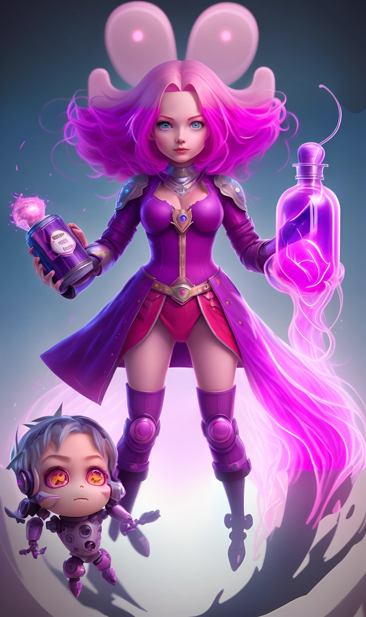 Pink haired witch holding a glowing potion、(full body standing), full body, beautiful face WOMAN, 90's pixel characters, gears and clocks in the brain, futuristic background with lots of top animated characters running, cute monster in the shape of a big little robot, full body 3D animation,,very high quality,Krenz Kuschaat, Artem Art by De Mura and Alphonse Mucha. 3D High Relief Painting Sea like jelly, rainbow like cotton, cute monster standing on grass, Fashionably dressed, touch of cute illustration, write text "Eclat Divin", vector t-shirt art, graffiti style, full body, full body, cyberpunk, face half small Robot, artificial intelligence,