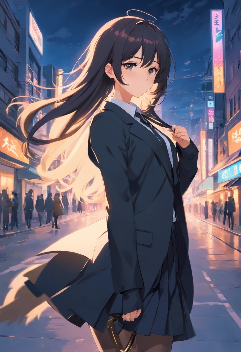 8K delicate perfect real 2D black long hair black eyes mature young woman wearing black suit, legs wearing black silk, delicate face, mature figure（Full body photo）Leaning against a white wall, looking ahead, his face is cold