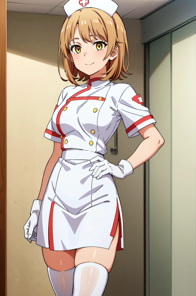 iroha, short hair, brown hair, yellow eyes, solo, nurse, ((white nurse cap, white nurse's outfit)), ((white legwear, zettai ryouiki)), white gloves, smile, standing, hospital room, sharp outline, short sleeves, best quality, masterpiece
