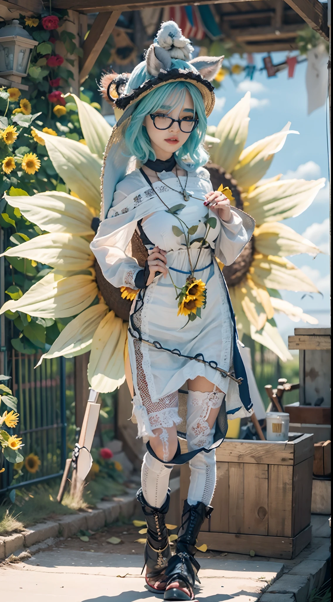 In a very grand scene，The extra-large wide-angle lens captures the appearance of a female centaur。She is a Sunflower Worship nun，Always opposed（Healing emoji smiley face of knitted sunflower puppet😊：99.99）DOA。She is tall，It has the ultimate curvy beauty，The muscles are slender and firm，Beautiful lines。She has（Super huge sky blue eyes：99.99）、always（Wearing sexy glasses：6.66）、（She wears solemn nun attire：9.9）、Stepping on a boot-style skyscraper-heel、A pink cross hangs on his chest。Use Midjourney's advanced tools，Designed for female centaurs（A knitted sunflower puppet and create a super healing cartoon smiley face in the center of the flower tray as a decoration：9.9），and noble and solemn nun costumes，and highlight her unique physiological characteristics and appearance details，Add realism。And in the context of her prayers and listening to confessions，Spectacular views of nature，Such as the sky where storms and sunny days alternate、Brilliant rivers of stars and auroras、The snow-capped summit of Mount Everest、Fireworks in the mountain town, etc。ao mesmo tempo，Away from the hustle and bustle next to the chapel，Create a fantastic scene。Use Midjourney's advanced tools and multiple color palettes、Brush Strokes、Texture tools and model packages，It shows a sense of atmosphere where beauty and charm coexist。The charm of the female centaur is highlighted through color and lines，Enhance realism with detailing，Create a surreal dreamy feeling。Additionally，Use Midjourney's tools to add various exorcism props and books to the female centaur、pergaminhos，Create intricate hairstyles and outfits，Give her a sense of premium。She never flinches，No matter what monster you encounter，can respond quickly，Even the most extreme armies of natural disasters and monsters could not stop her and her front（Sunflower with Tyndall effect that emits sunlight9.99）。Use Midjourney's powerful tools，You can do it with incredible detail and beauty，Bring this ultra-grand and beautiful scene to life。Ultra-grand sc