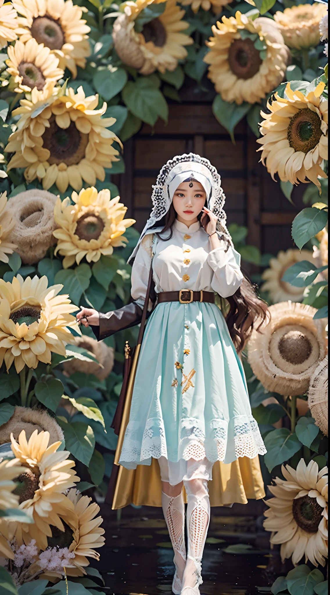 In a very grand scene,The extra-large wide-angle lens captures the appearance of a female centaur。She is a Sunflower Worship nun,Always opposed(Healing emoji smiley face of knitted sunflower puppet😊:99.99)DOA。She is tall,It has the ultimate curvy beauty,The muscles are slender and firm,Beautiful lines。She has(Super huge sky blue eyes:99.99)、always(Wearing sexy glasses:6.66)、(She wears solemn nun attire:9.9)、Stepping on a boot-style skyscraper-heel、A pink cross hangs on his chest。Use Midjourney's advanced tools,Designed for female centaurs(A knitted sunflower puppet and create a super healing cartoon smiley face in the center of the flower tray as a decoration:9.9),and noble and solemn nun costumes,and highlight her unique physiological characteristics and appearance details,Add realism。And in the context of her prayers and listening to confessions,Spectacular views of nature,Such as the sky where storms and sunny days alternate、Brilliant rivers of stars and auroras、The snow-capped summit of Mount Everest、Fireworks in the mountain town, etc。ao mesmo tempo,Away from the hustle and bustle next to the chapel,Create a fantastic scene。Use Midjourney's advanced tools and multiple color palettes、Brush Strokes、Texture tools and model packages,It shows a sense of atmosphere where beauty and charm coexist。The charm of the female centaur is highlighted through color and lines,Enhance realism with detailing,Create a surreal dreamy feeling。Additionally,Use Midjourney's tools to add various exorcism props and books to the female centaur、pergaminhos,Create intricate hairstyles and outfits,Give her a sense of premium。She never flinches,No matter what monster you encounter,can respond quickly,Even the most extreme armies of natural disasters and monsters could not stop her and her front(Sunflower with Tyndall effect that emits sunlight9.99)。Use Midjourney's powerful tools,You can do it with incredible detail and beauty,Bring this ultra-grand and beautiful scene to life。Ultra-grand sc