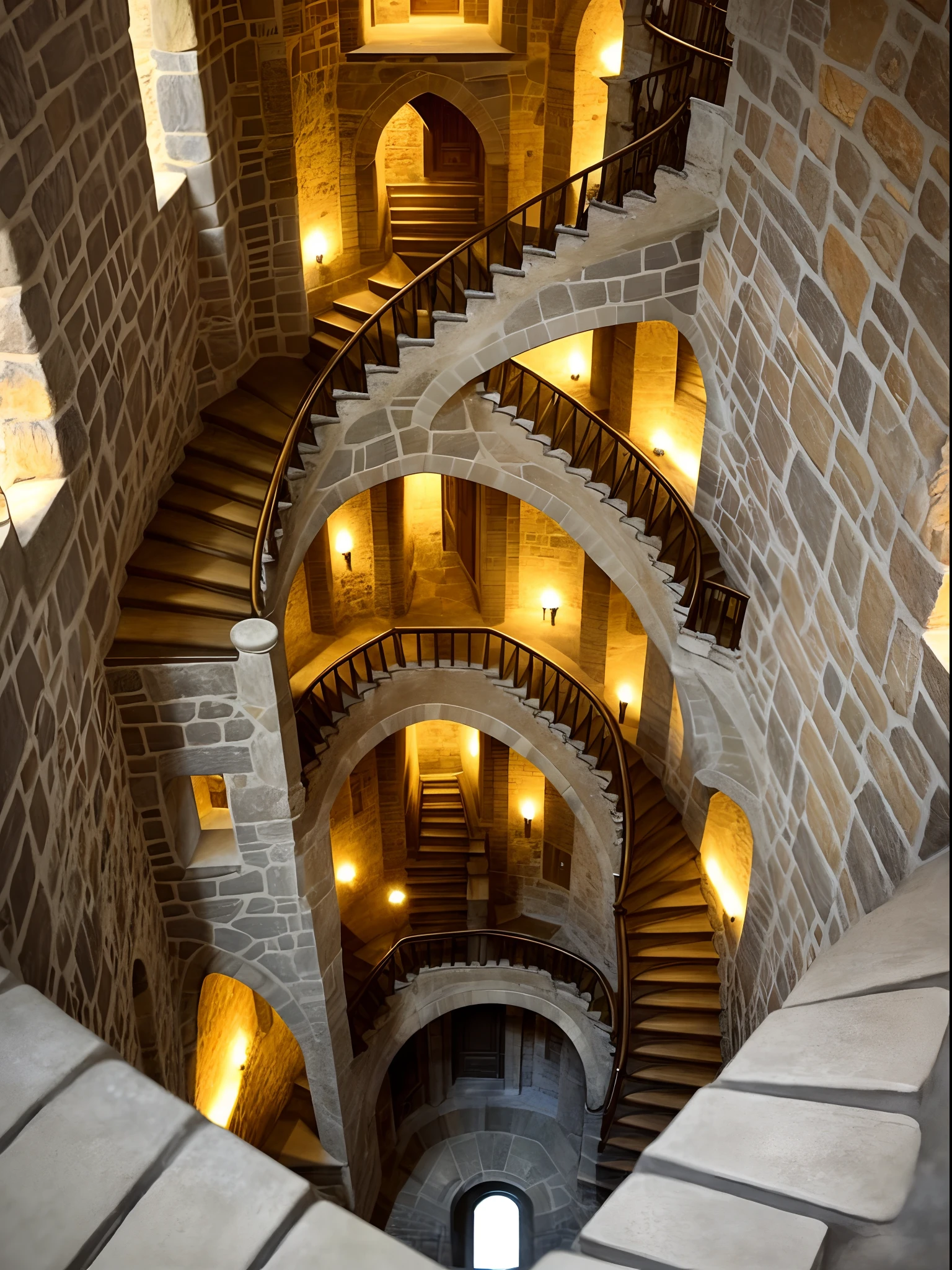 The Aalfed staircase in a stone building，There is a light at the end, Interior of the MC Escher building, inside castle, decadent spiral staircase, Intricate castle interior, MC Escher style building, located in a castle, Spiral staircase, Look down from the cellar stairs, spiral stairs, ornate spiral stairs, spiralling, spirals, Grand staircase, Escher style