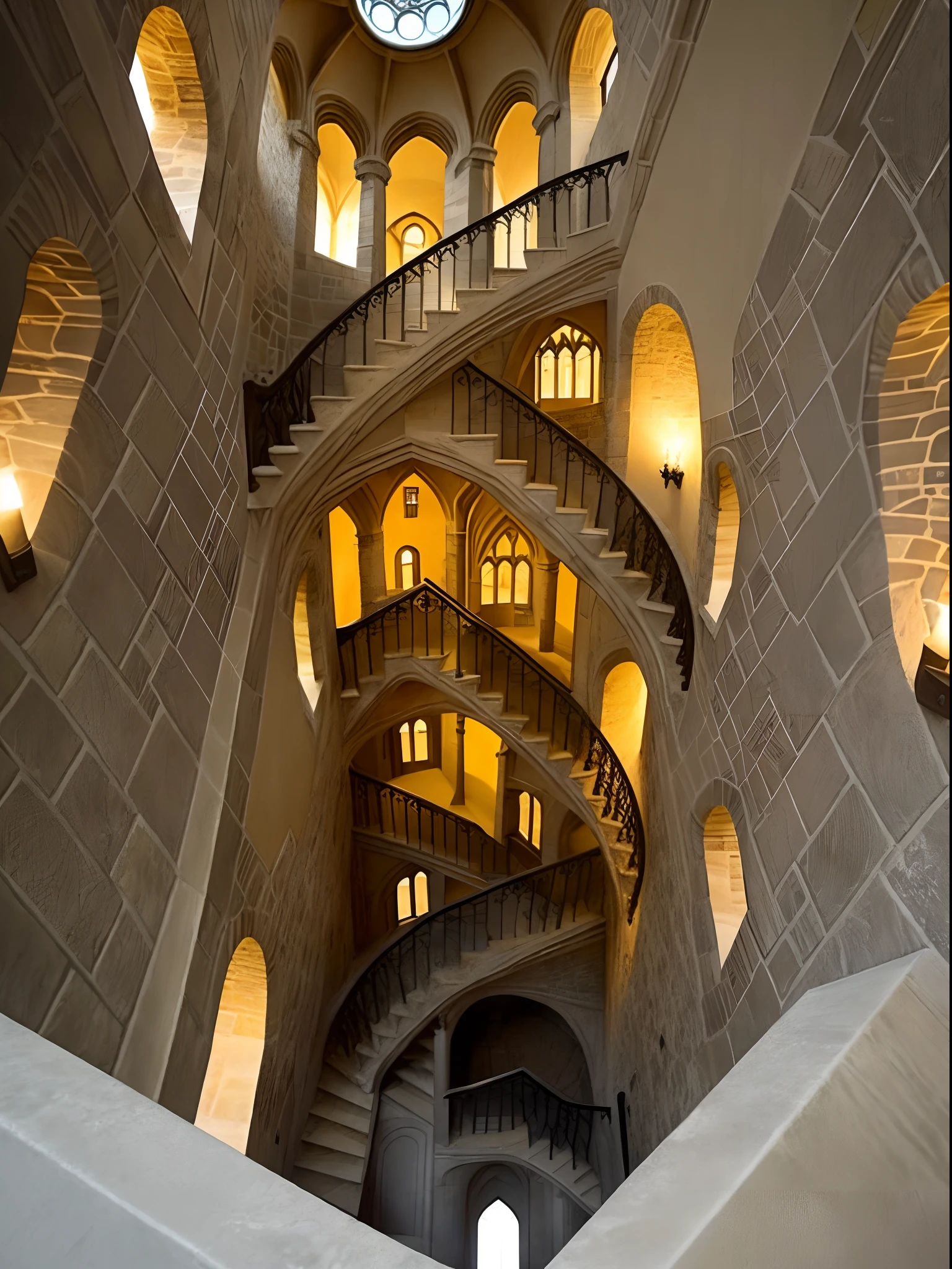 The Aalfed staircase in a stone building,There is a light at the end, Interior of the MC Escher building, inside castle, decadent spiral staircase, Intricate castle interior, MC Escher style building, located in a castle, Spiral staircase, Look down from the cellar stairs, spiral stairs, ornate spiral stairs, spiralling, spirals, Grand staircase, Escher style