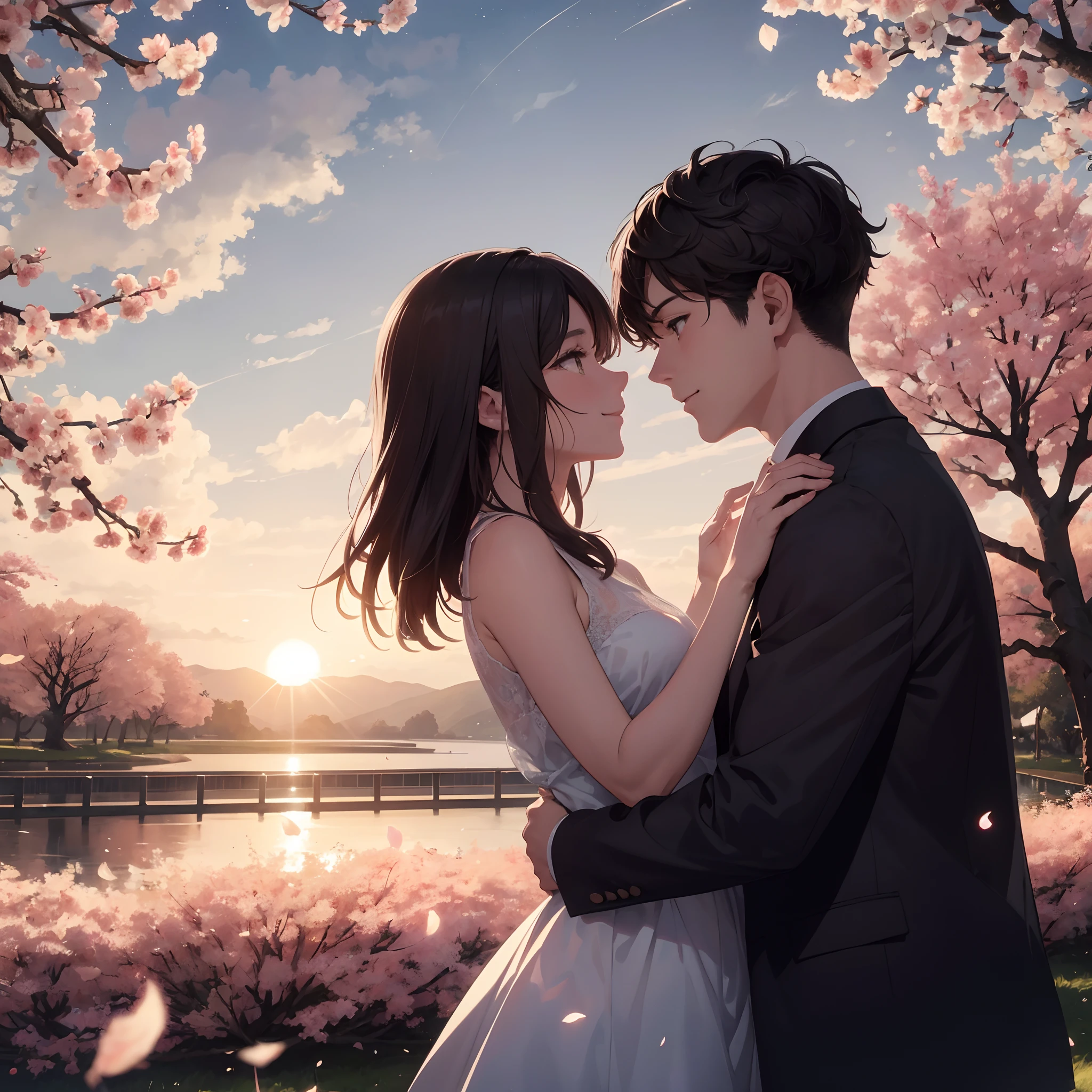 Como o sol se punha no oeste,
We knew our love was the best,
For in each other's arms we lie,
How the stars came out to play smiling. Olhos pretos. Felizes e apaixonados. Cherry trees in the background falling the petals, Coreanos. Perfect and realistic hand anatomy.