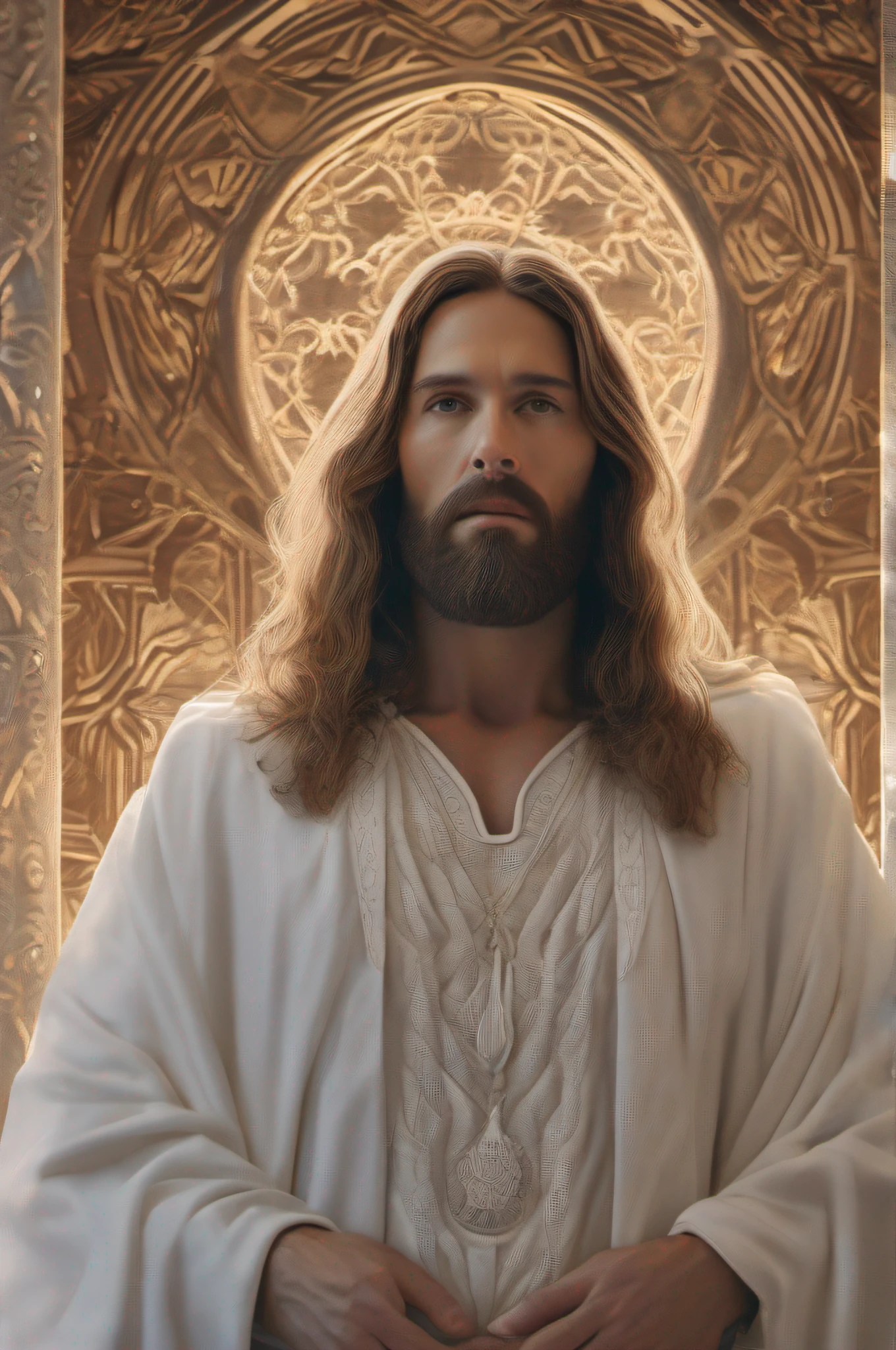 (symmetry),centered,a ((close)) up portrait,(Jesus),a very thin white man with long hair and a beard,wearing a long white robe,35mm,natural skin,clothes detail, 8k texture, 8k, insane details, intricate details, hyperdetailedhighly detailed,realistic,soft cinematic light,HDR,sharp focus, ((((cinematic look)))),intricate, elegant, highly detailed