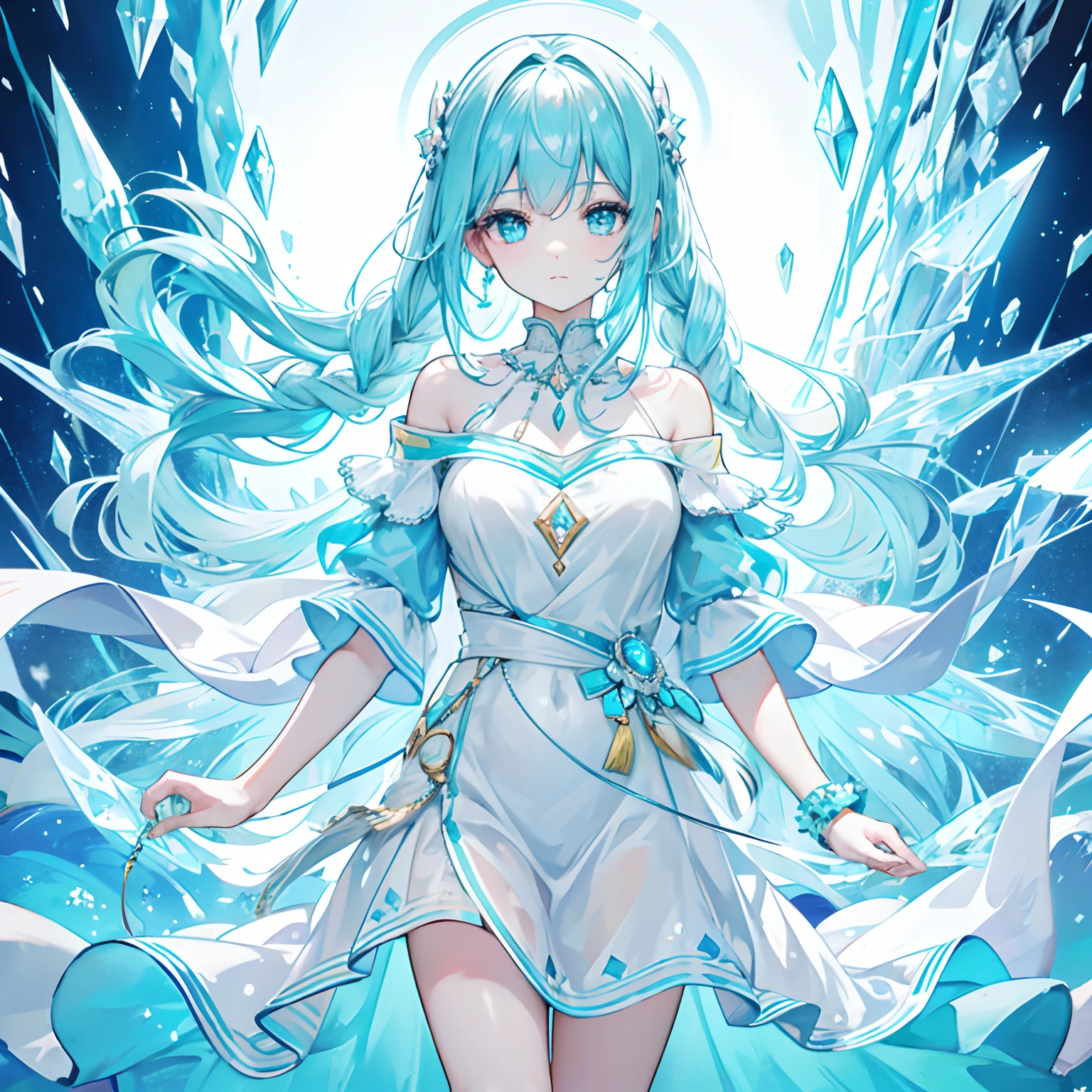 With braids,A shiny one, Moist and crystal clear face,It has a lovely feel,Light cyan and light yellow color scheme,Wear an off-the-shoulder T-shirt in a simple solid color,Around his neck hangs a crystal clear silver necklace