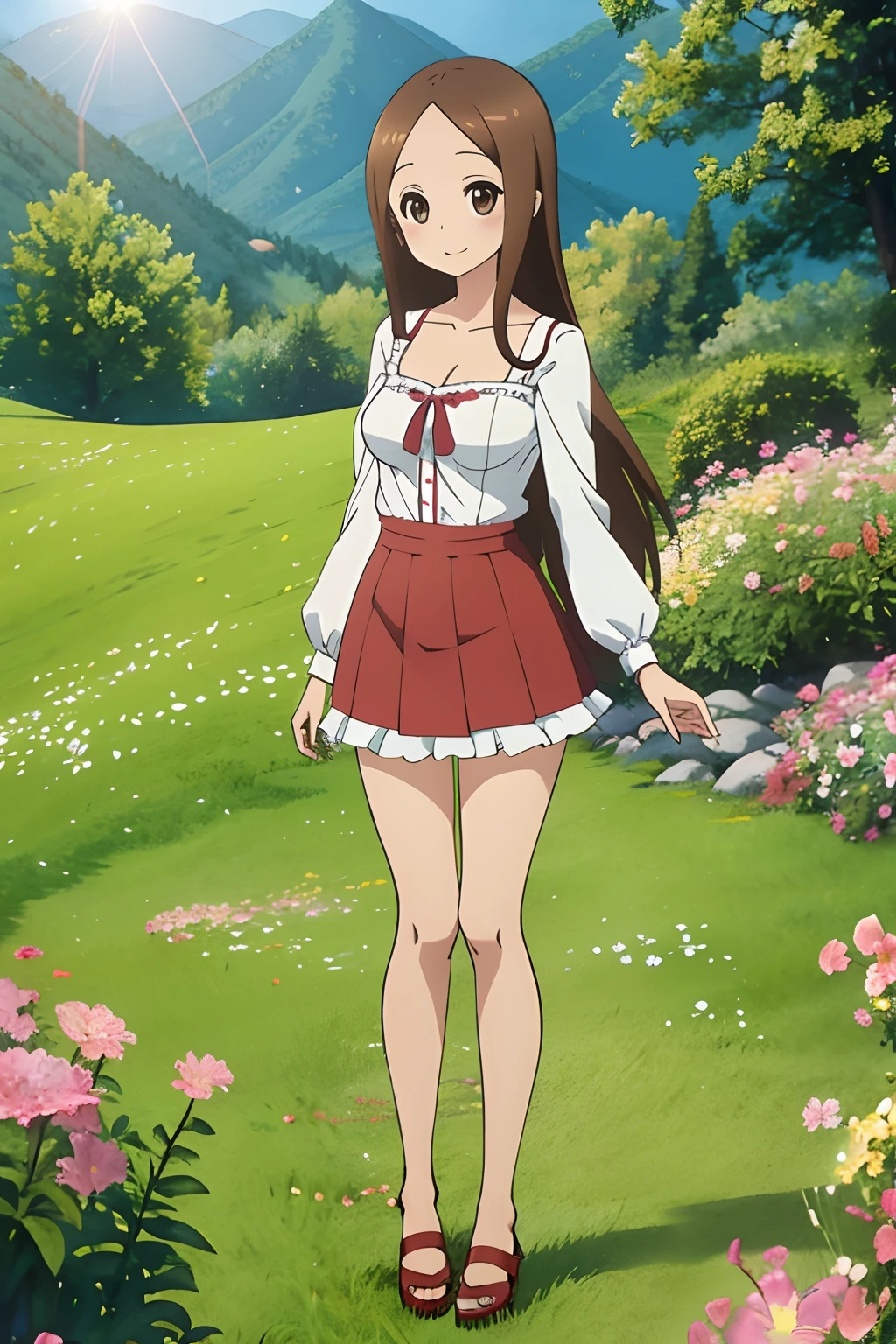 (Realistic),(Photorealistic),Takagi_San, 1girl in, Height 155 cm,Long hair, Brown hair, Part bangs, Brown eyes,（（German national costume））,（（white frills））,（red clothing）,large full breasts,cleavage of the breast,Forehead,Smile, Looking at Viewer,masutepiece,Big ass,Full body, Best Quality, (Colorful),volumatic light, Ray tracing,the Extremely Detailed CG Unity 8K Wallpapers,Smile,((flying petal)),(Flowery meadow), Sunny,Sunshine, light, Fantasy, Windy, magic sparks, Trees, lake, mountainscape, ((Flowers)),weeds