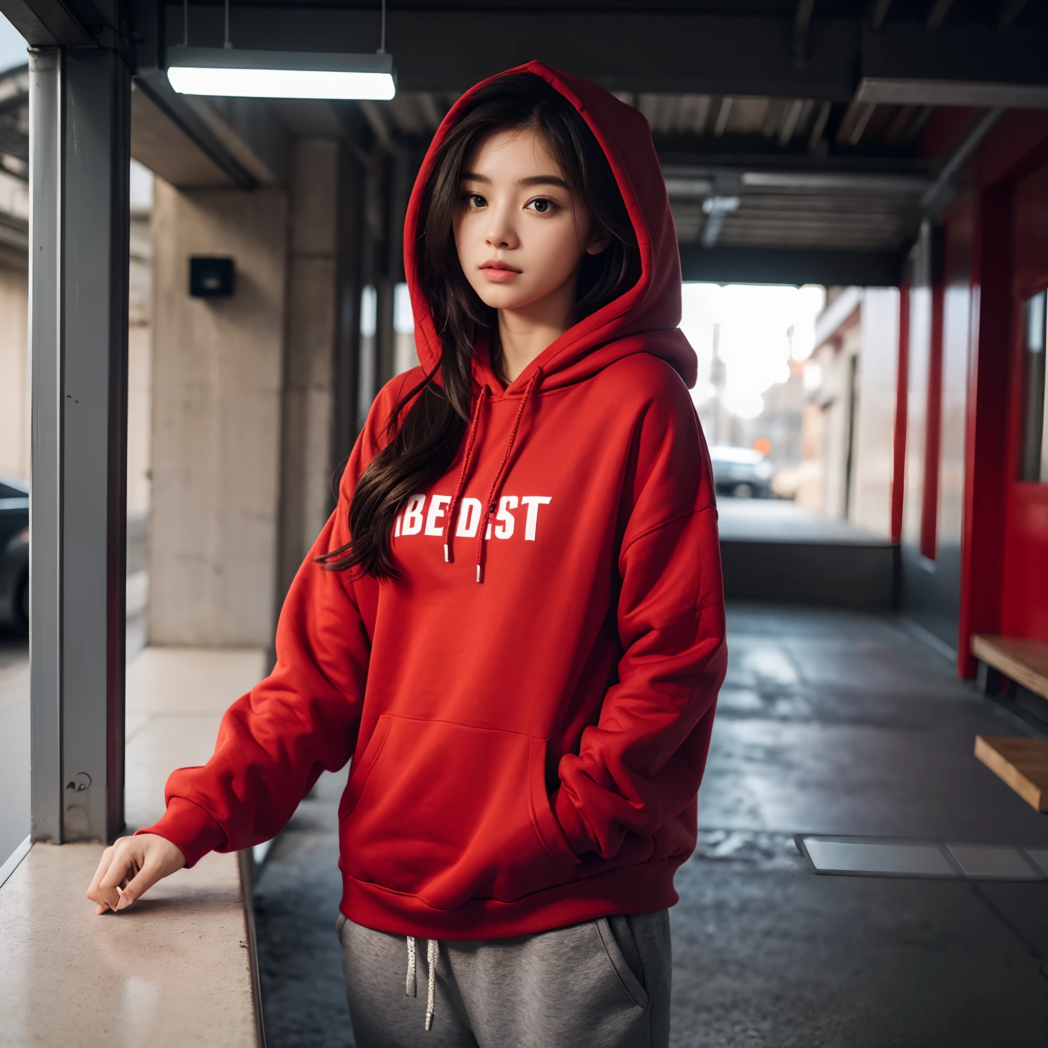 ((best quality)), (1girl), red hoodie and grey sweatpants posing for a picture, focusing on the clothes