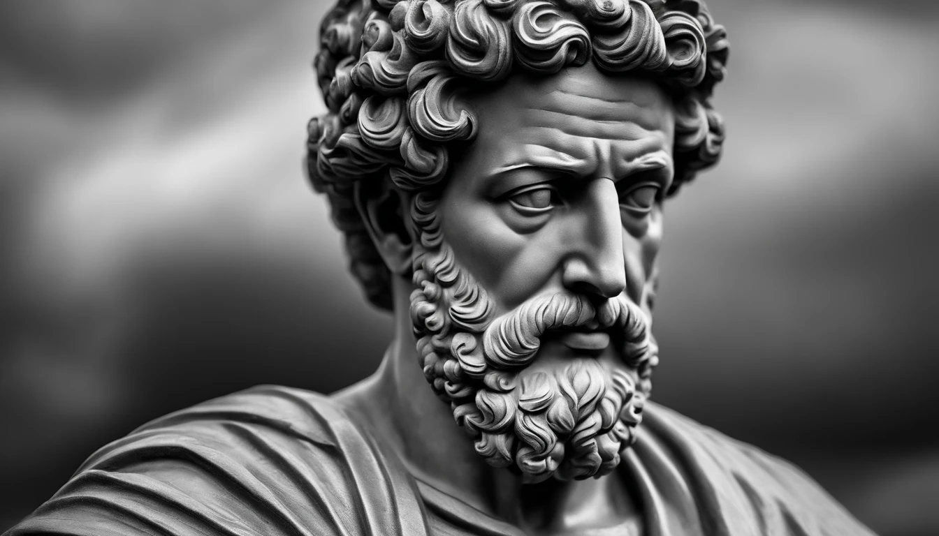 a portrait statue of the stoic Marcus Aurelius in black and white 4K, papel de parede super realista, corpo inteiro, corpo forte, musculoso, forte, sem camisa, tronco forte, forte, sem camisa, Strong arms turned on their backs