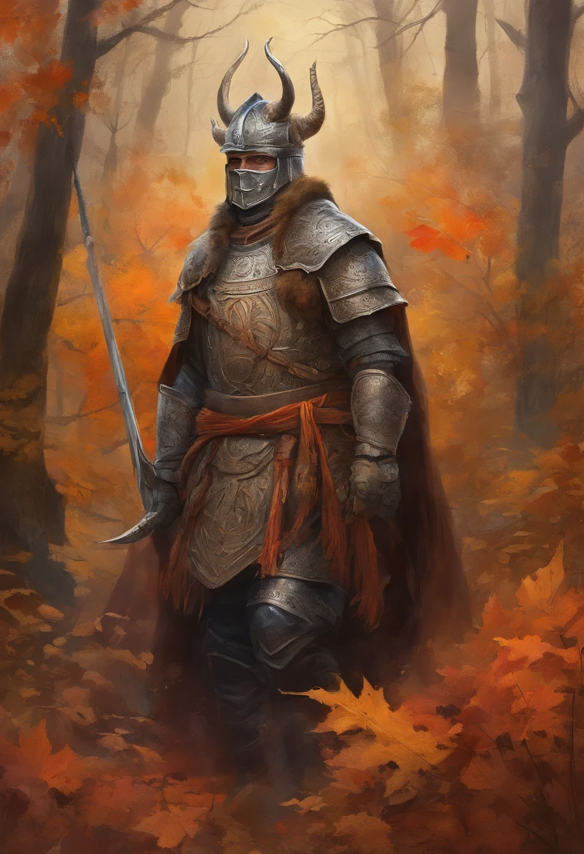 autumn forest scene with a man in samurai armor with fur around the neck and waist, wearing devil helmet, dusty detail ornaments, battle weary, man warrior, armor, epic, face scar, dnd character portrait, intricate, 8k resolution, dynamic lighting, hyperdetailed, unreal 5, volumetric lighting, alphonse mucha, pre-raphaelite, detailed background, mandala, detailed face, detailed eyes, neon eyes, autumn forest with flying leaf in the background