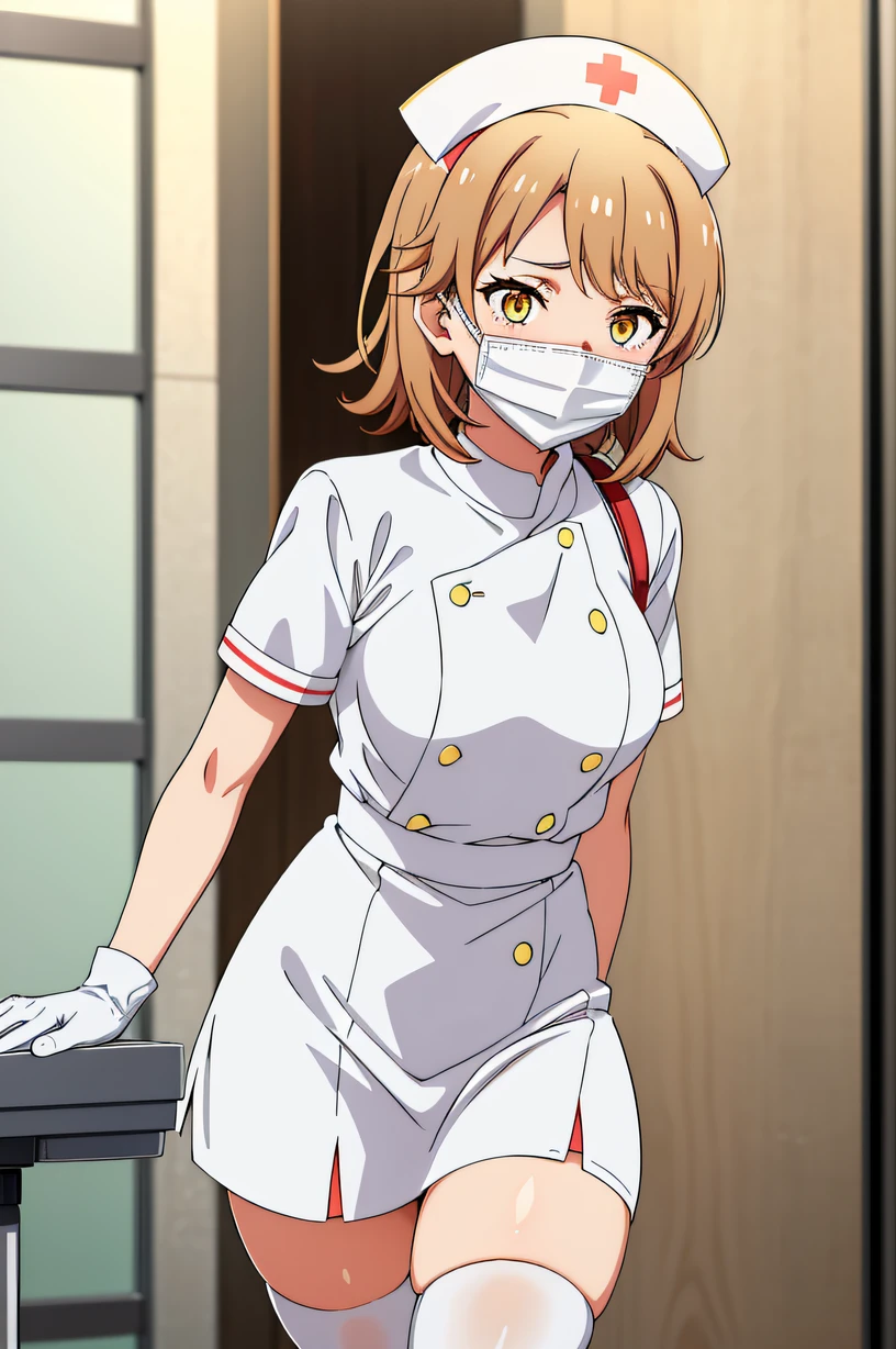 iroha, short hair, brown hair, yellow eyes, solo, nurse, ((white nurse cap, white nurse's outfit)), ((white legwear, zettai ryouiki)), white gloves, ((white surgical mask, covered nose)), standing, hospital room, sharp outline, short sleeves, best quality, masterpiece